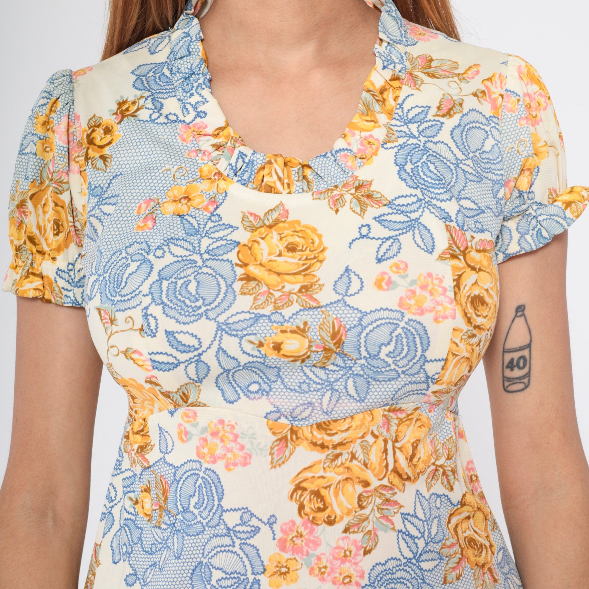 70s Floral Maxi Dress Empire Waist Puff Sleeve Cream Rose Print Small S