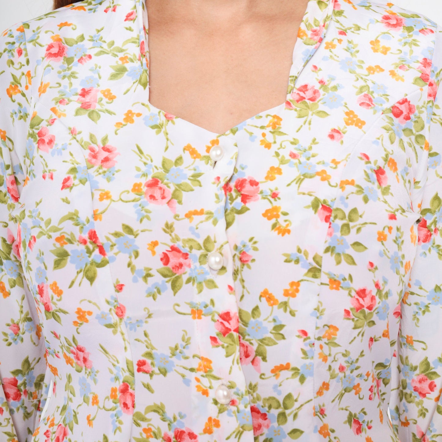 90s White Floral Mini Dress Button-Up Long Sleeve Ditsy Print Medium M
