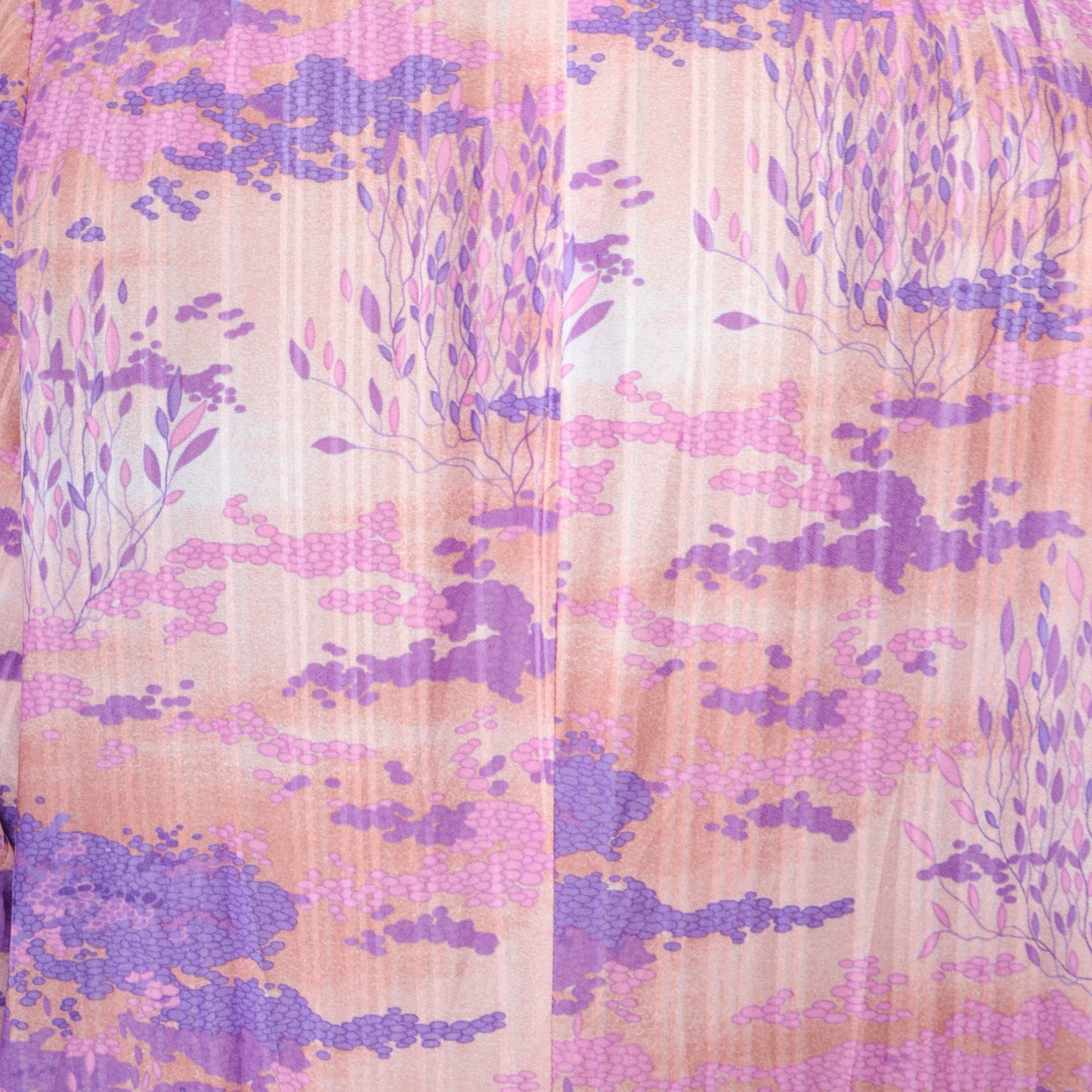 70s Psychedelic Midi Dress Abstract Tree Cloud Print Ascot Tie Short Sleeve Purple Pink Large L