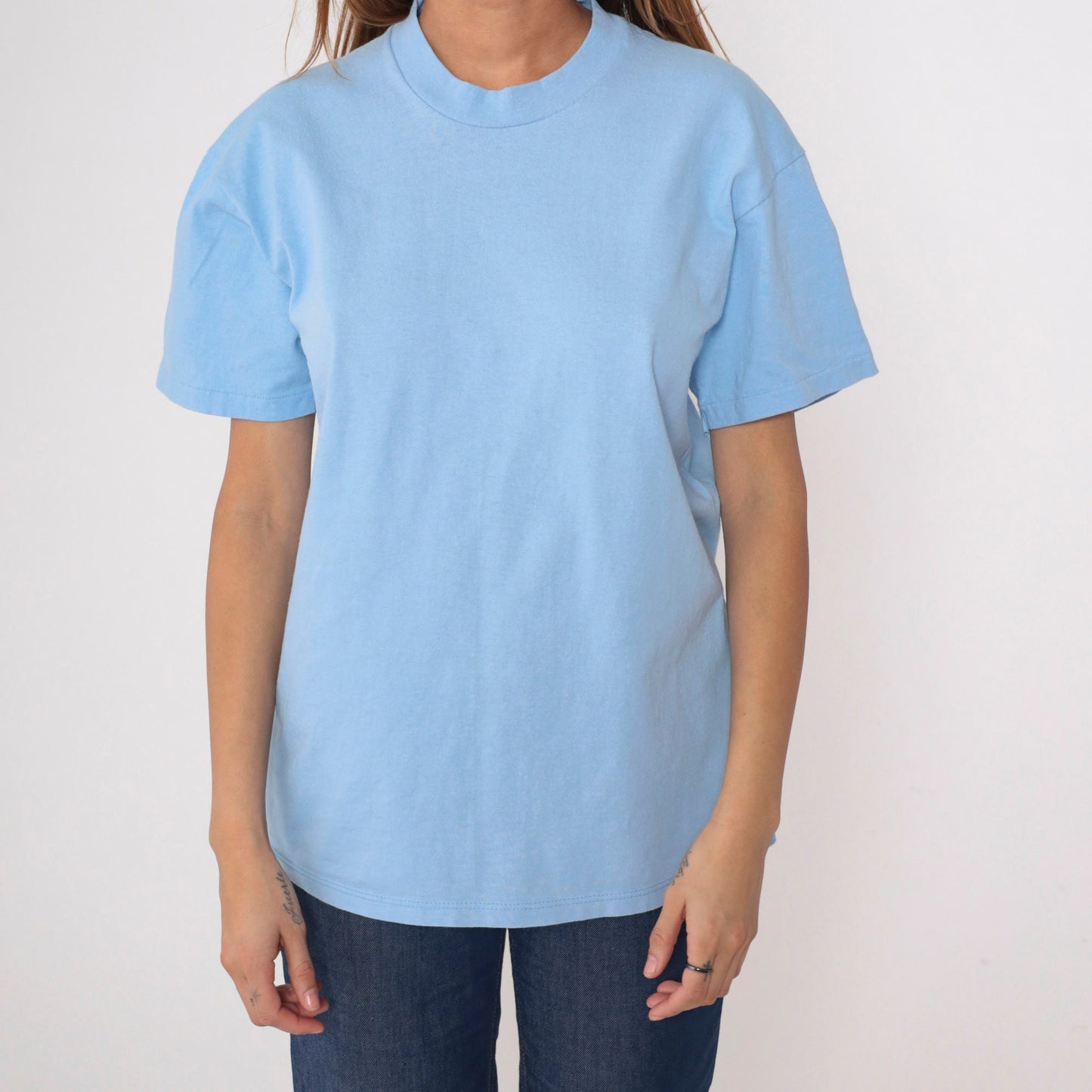 80s Stedman Baby Blue Cotton T-Shirt Crewneck Plain Tee Medium