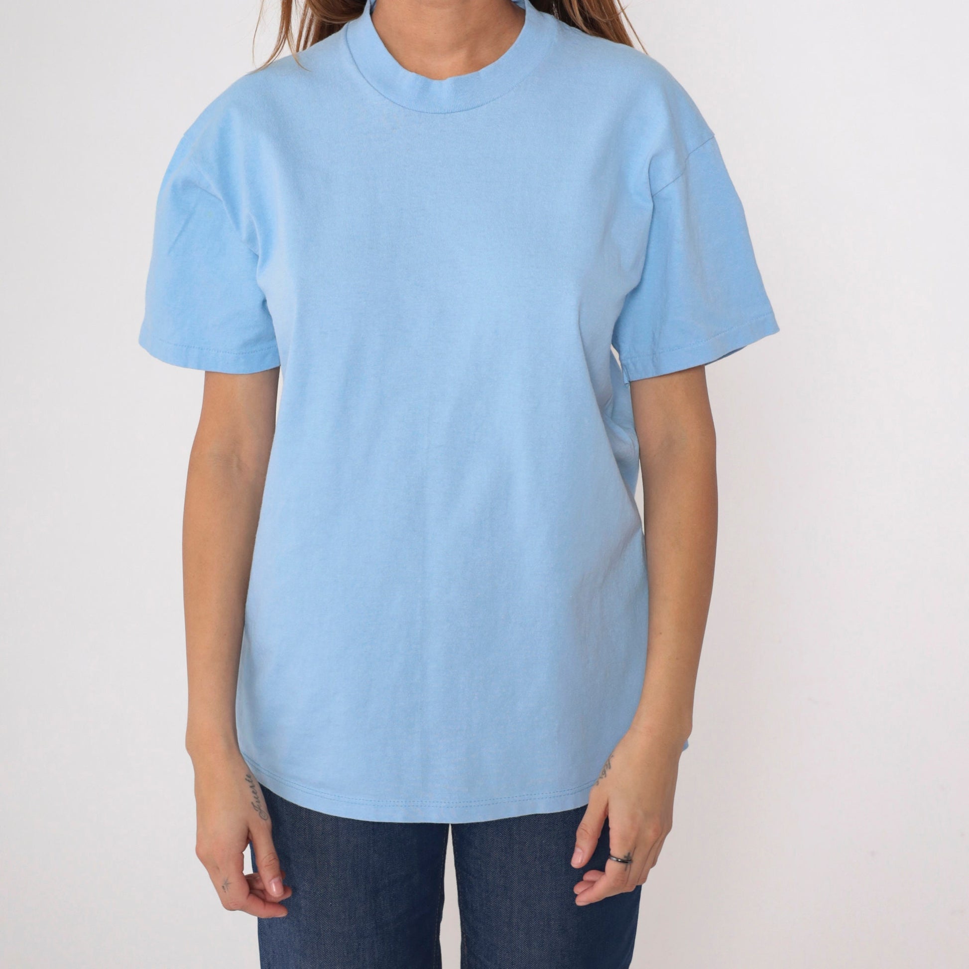 80s Stedman Baby Blue Cotton T-Shirt Crewneck Plain Tee Medium