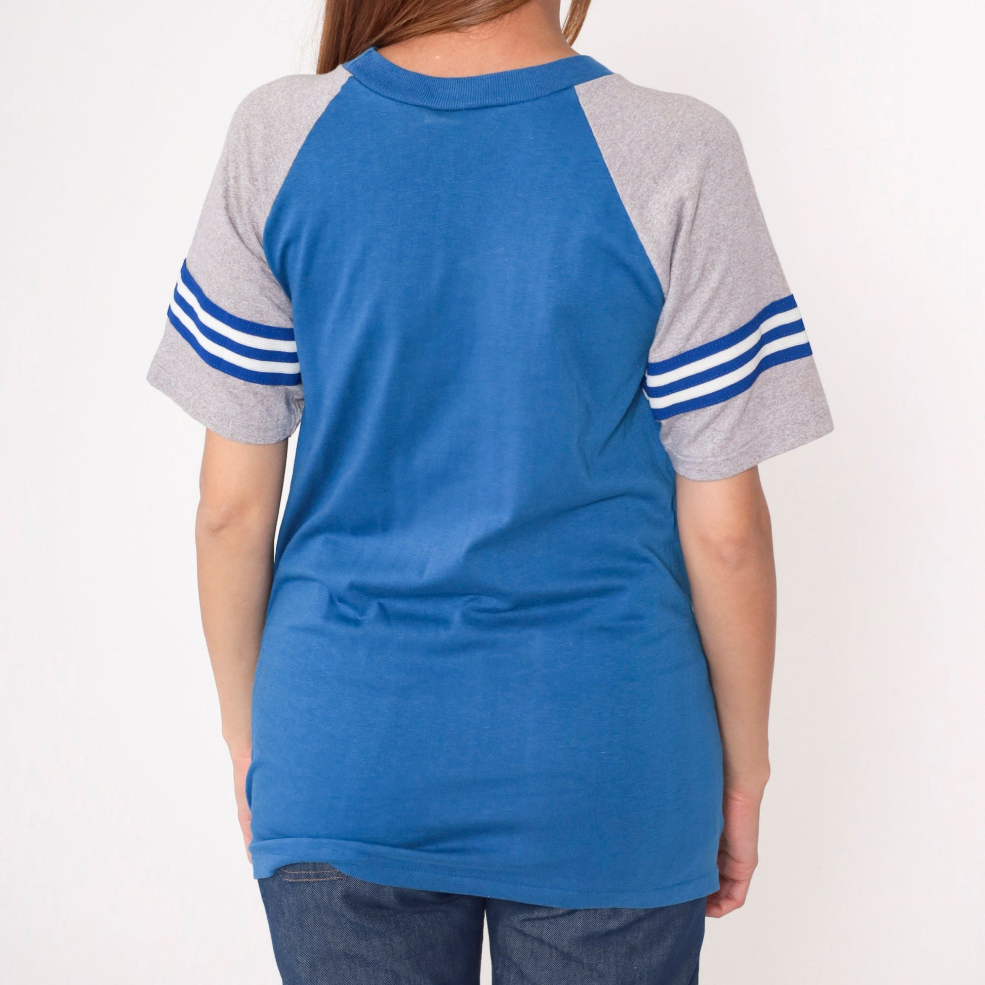 80s Velva Sheen Fontana Football Ringer Tee Blue Raglan Sleeve Small