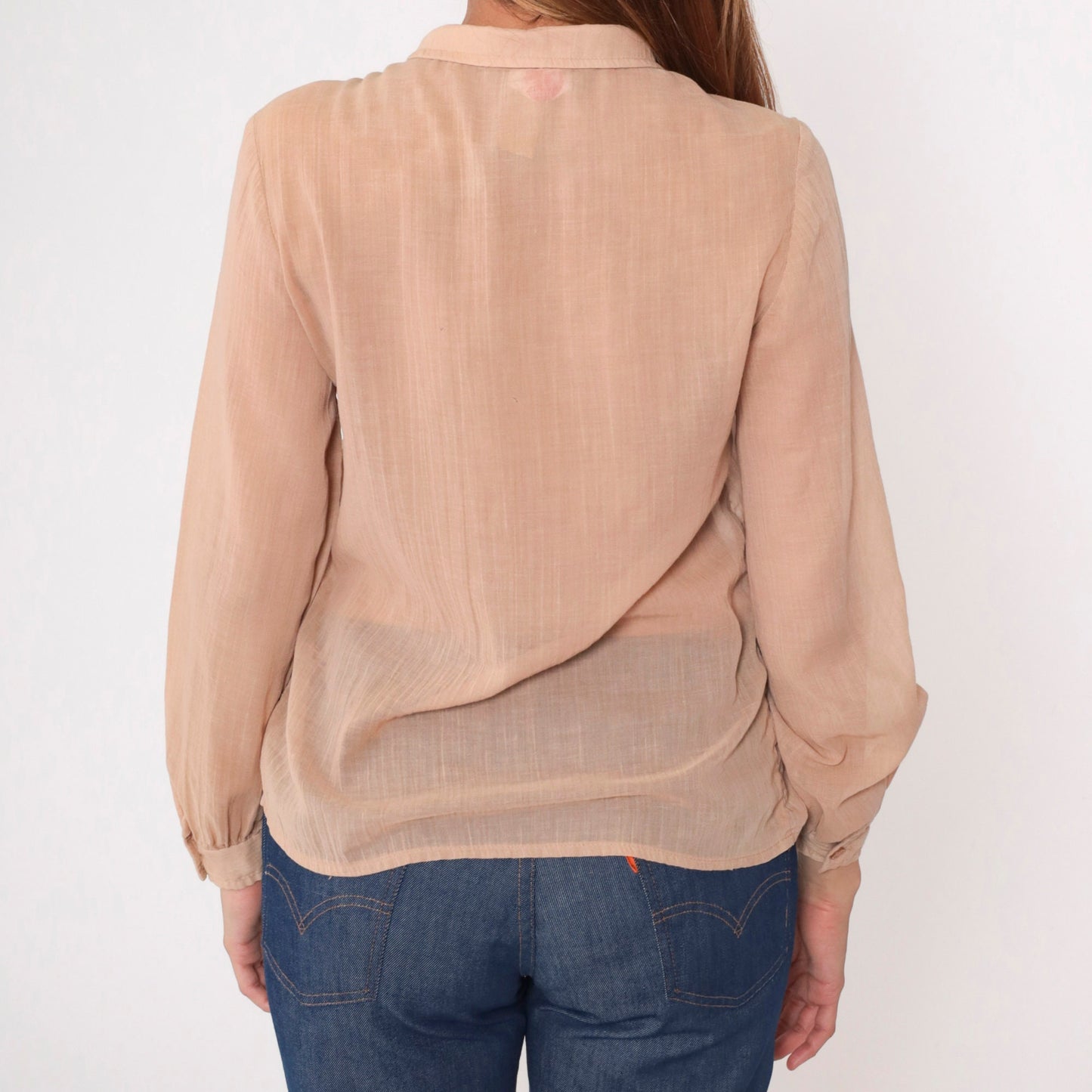 70s Tan Gauze Blouse Peter Pan Collar Button Up Long Sleeve Small