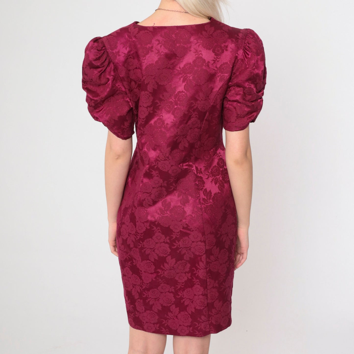 80s Burgundy Floral Brocade Mini Dress Pearl Buttons Puff Sleeve Medium