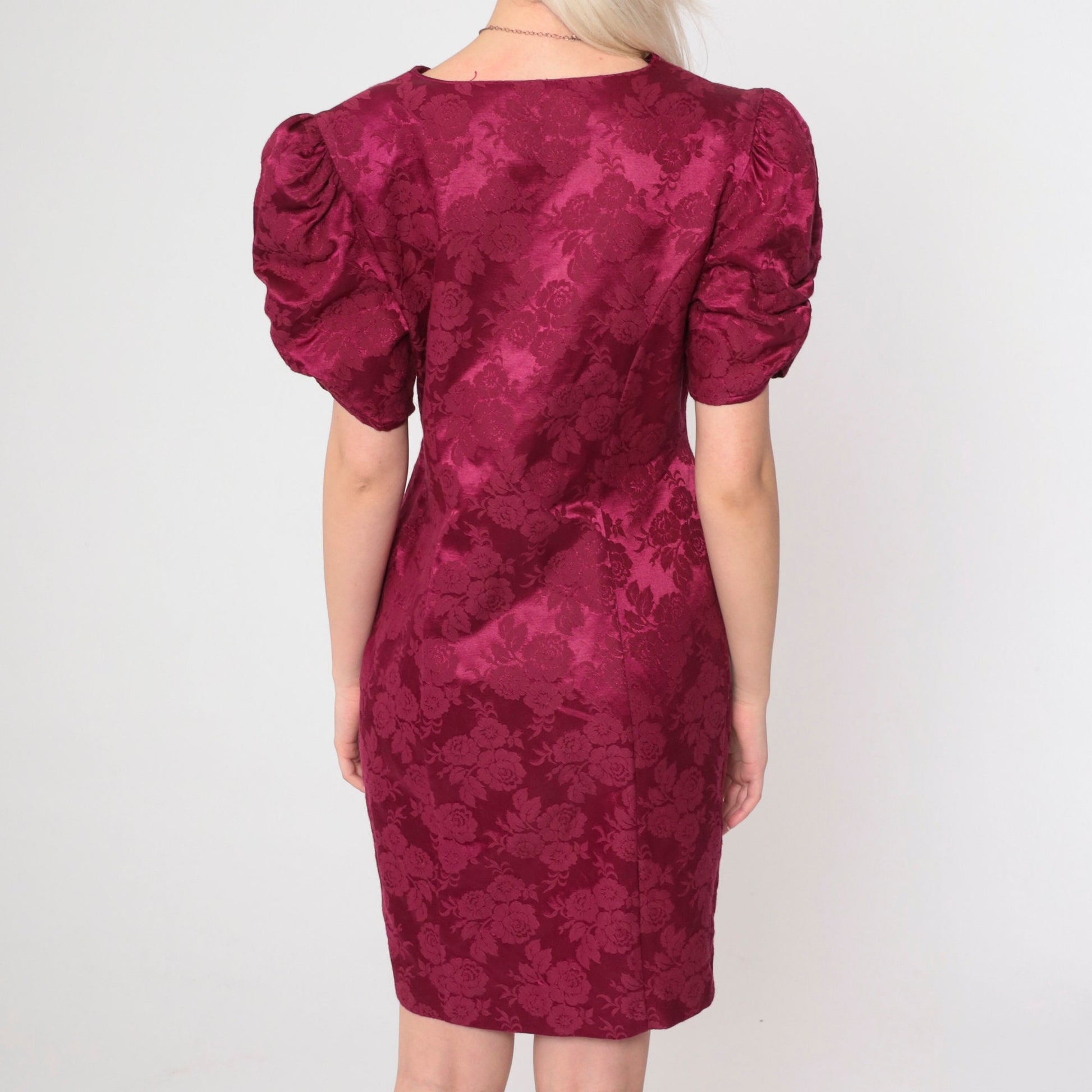 80s Burgundy Floral Brocade Mini Dress Pearl Buttons Puff Sleeve Medium