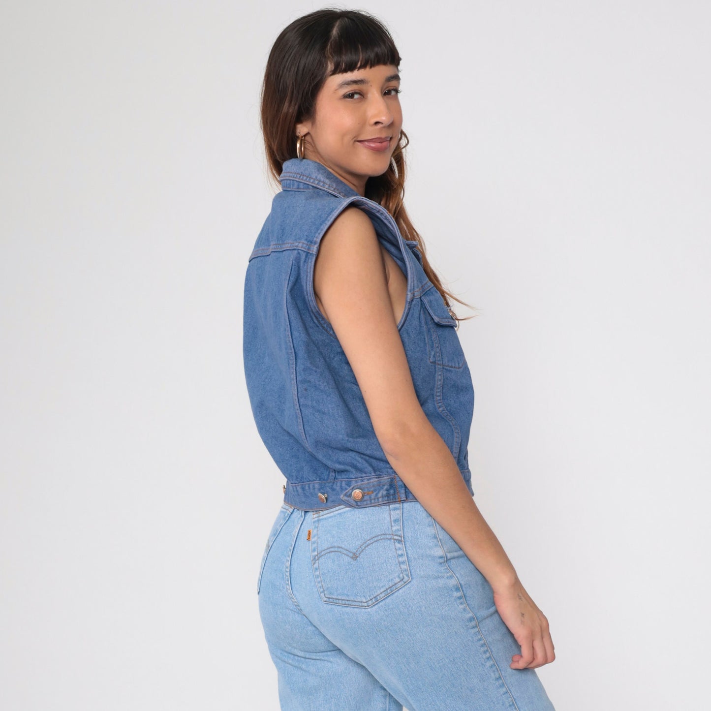 90s Bill Blass Cropped Denim Vest Blue Jean Sleeveless Button-Up Medium