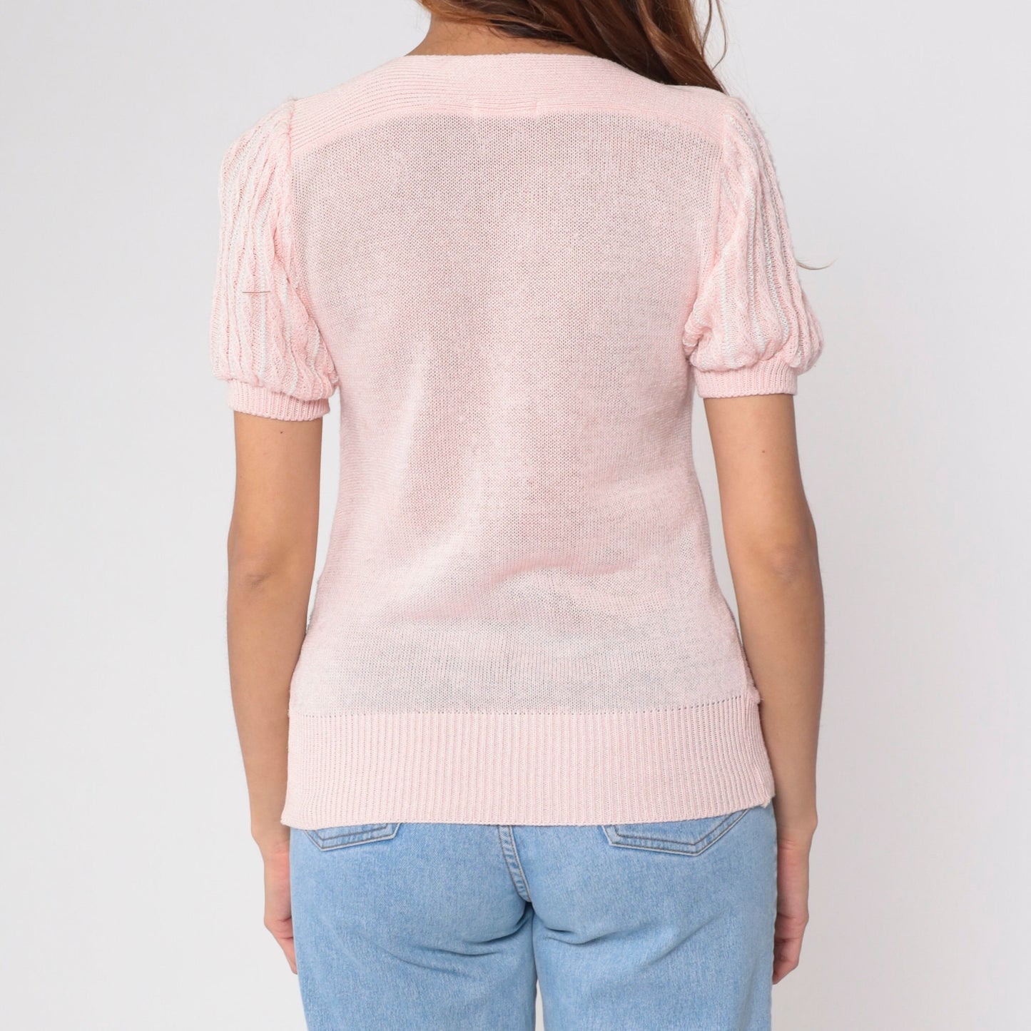 80s Baby Pink Knit Top Puff Sleeve Textured Stripe Extra Small