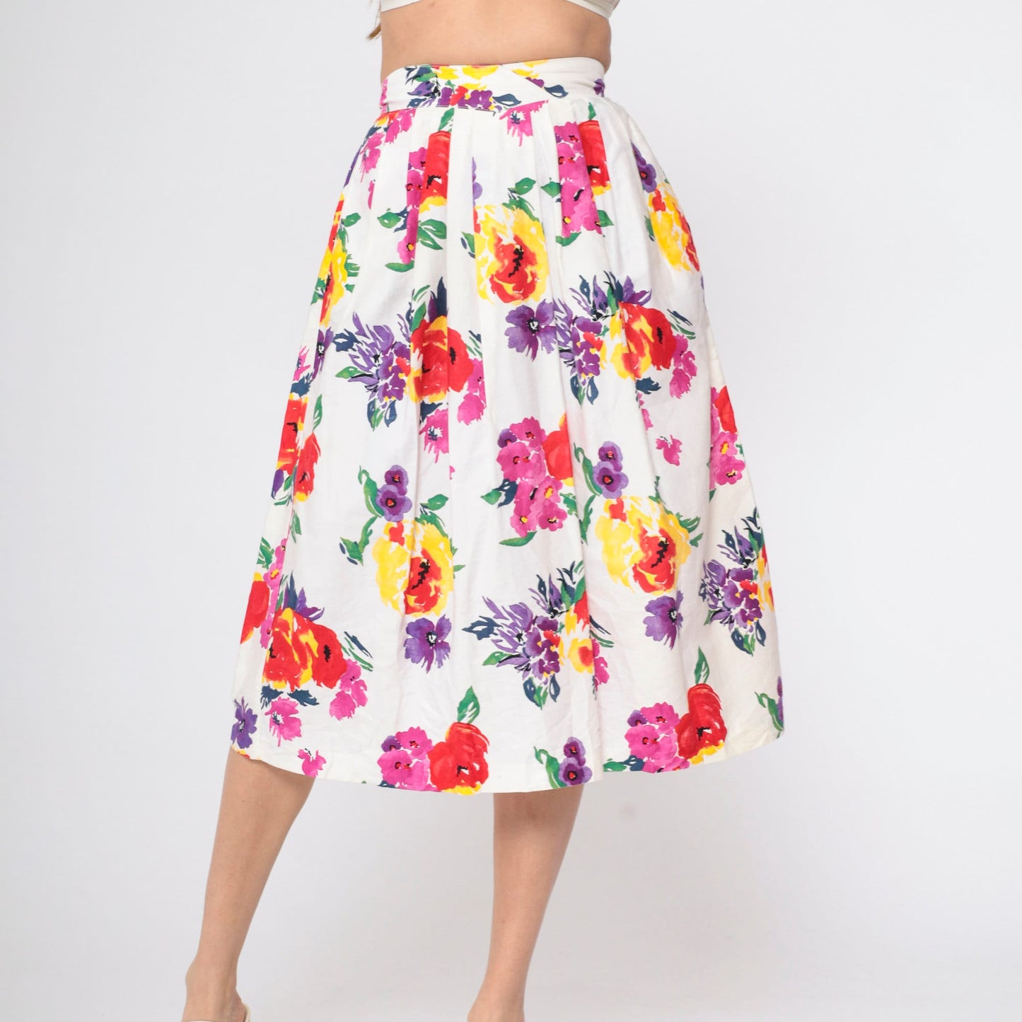 90s Worthington White Floral Pleated Midi Skirt High Waist Pockets Small