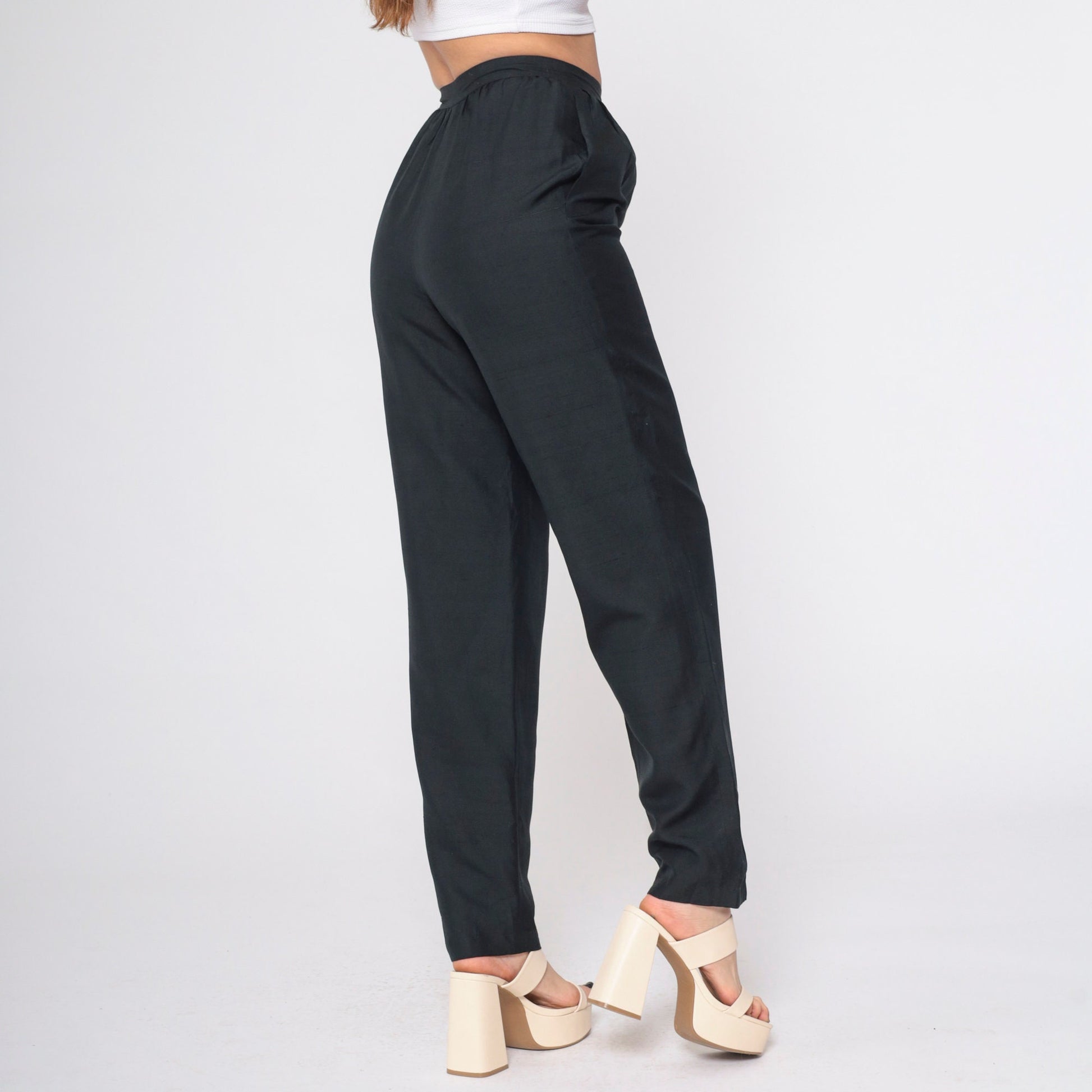 80s Black Silk Pleated Trousers High Waisted Straight Leg Small