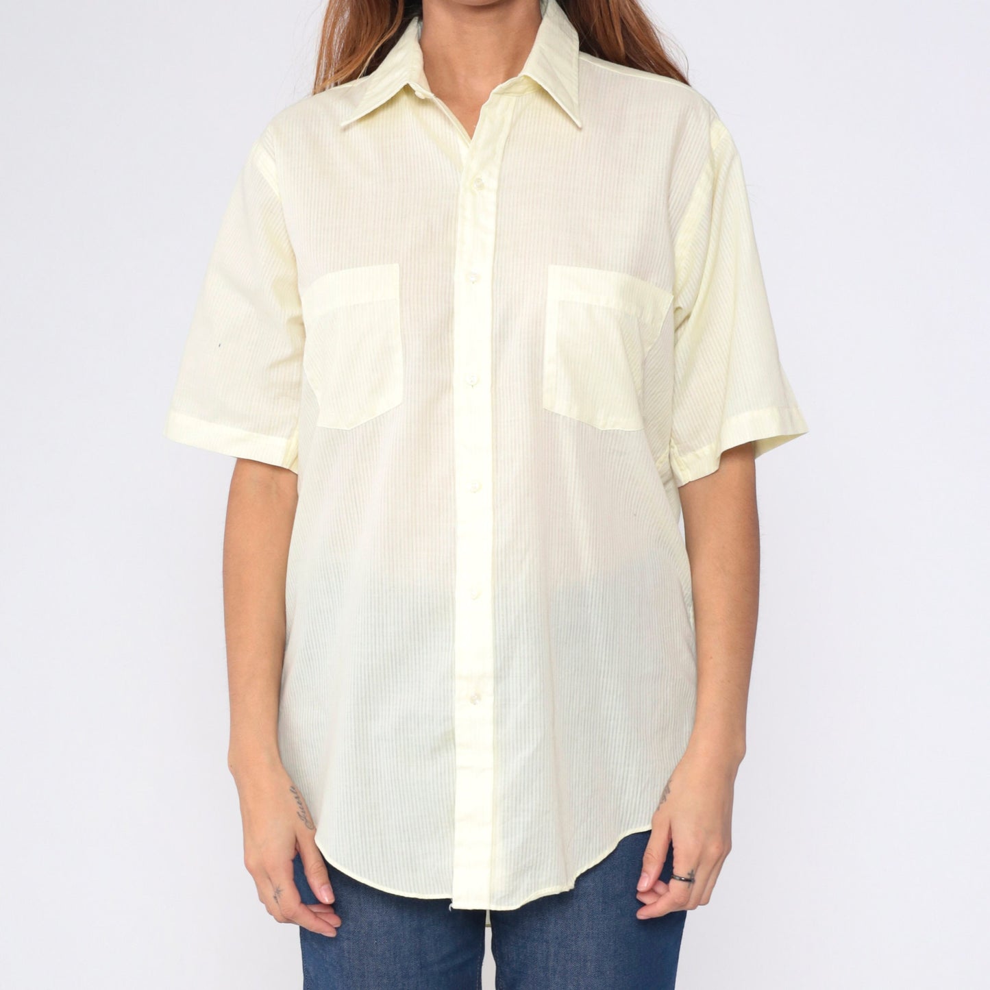 80s Arrow Kent Classic Yellow Striped Button Up Shirt Men's Medium 15 1/2