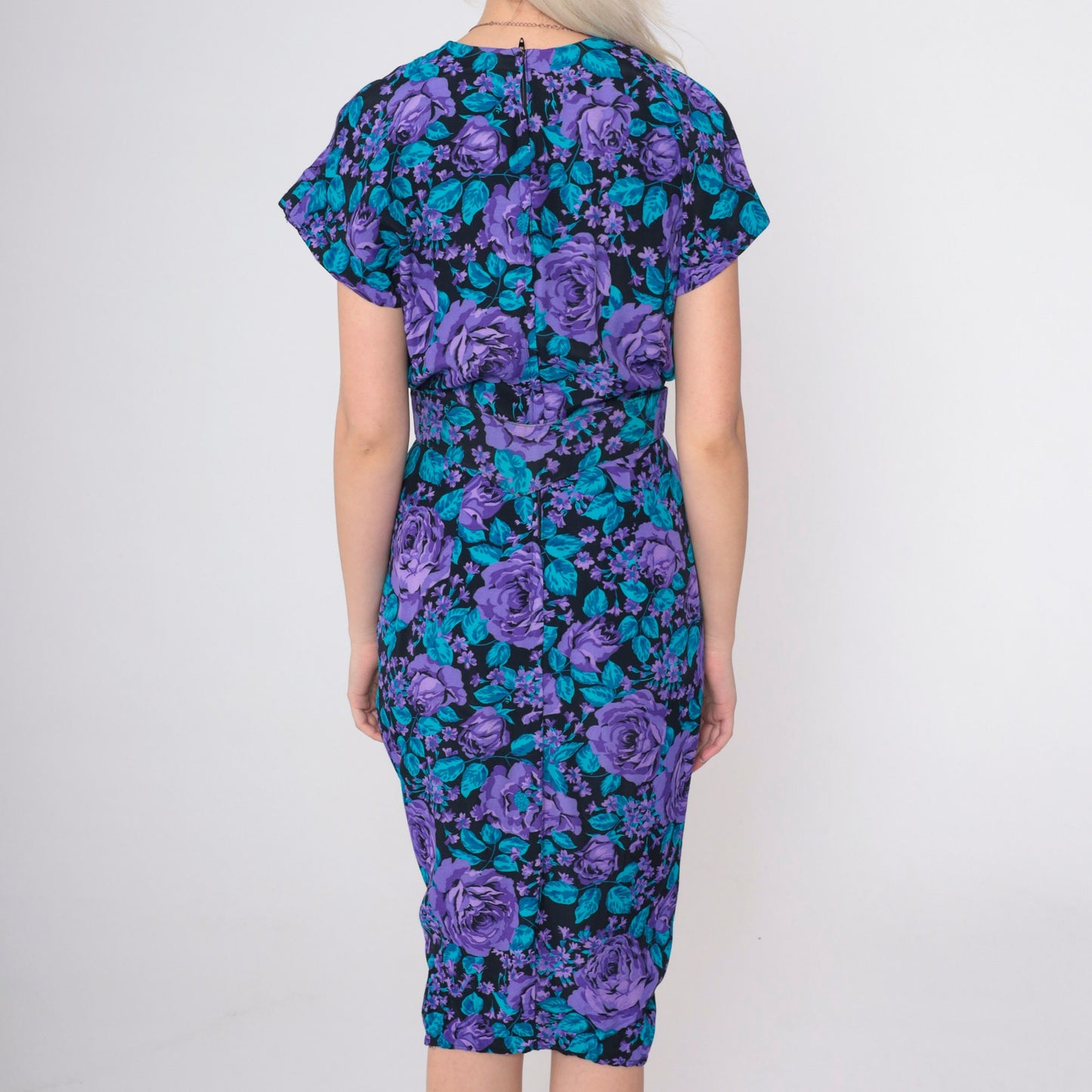90s All That Jazz Floral Sheath Dress Purple Rose Print Knee-Length Small