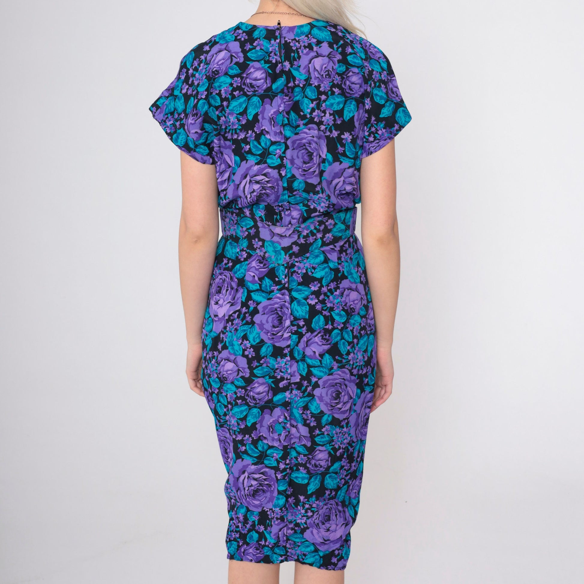 90s All That Jazz Floral Sheath Dress Purple Rose Print Knee-Length Small
