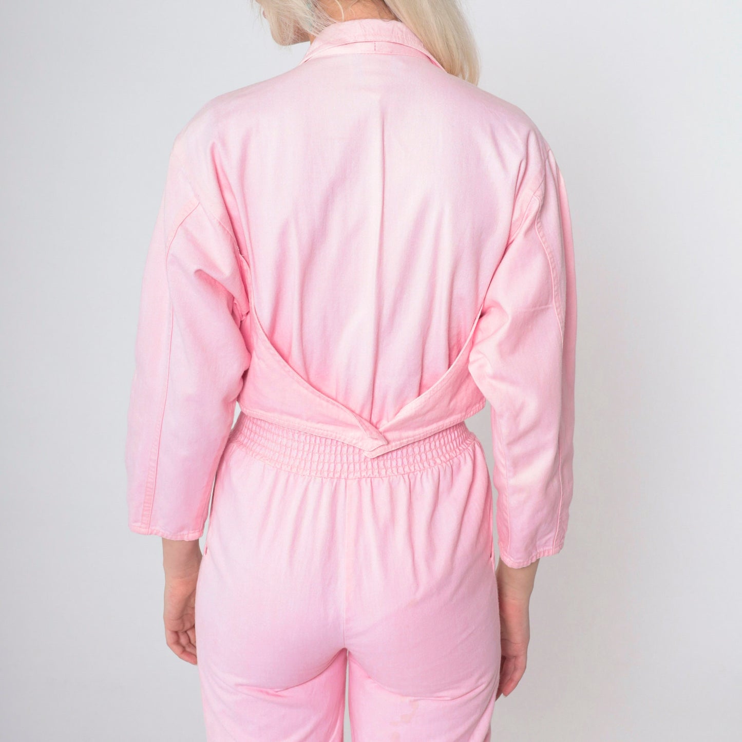 80s Baby Pink Cotton Jumpsuit Studded Vest Long Sleeve Smocked Waist XXS