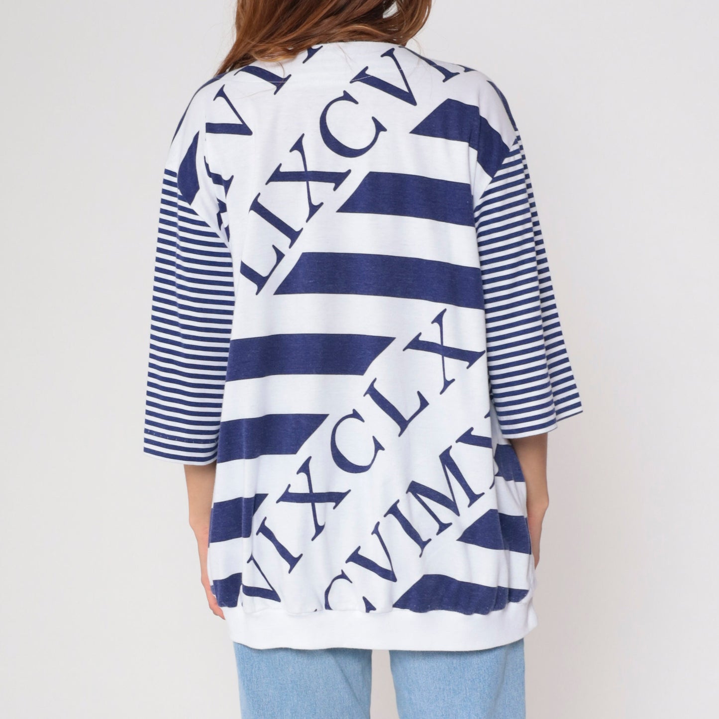 80s Roman Numerals Alphabet Graphic Tee Striped Sleeves White Blue Plus Size XXL
