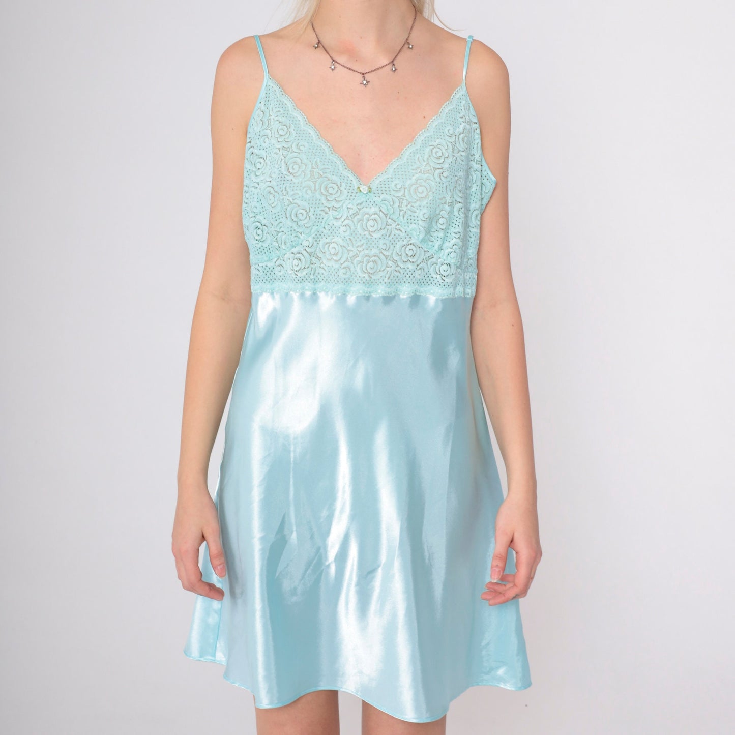 90s Aqua Floral Lace Satin Slip Dress Mini Nightgown Spaghetti Strap Large