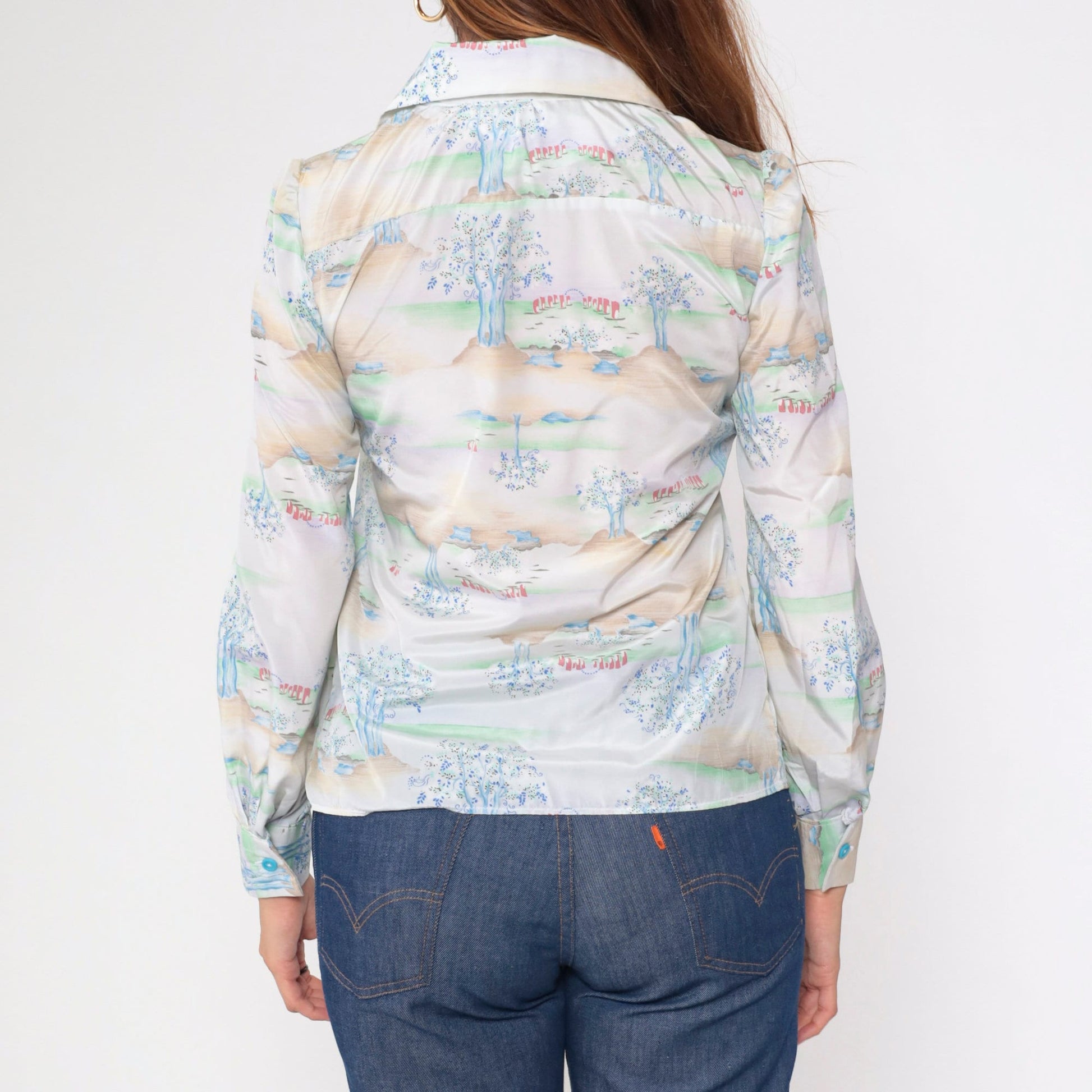 70s Tree Print Button-Up Blouse Long Sleeve Collared Psychedelic Forest Shirt Small