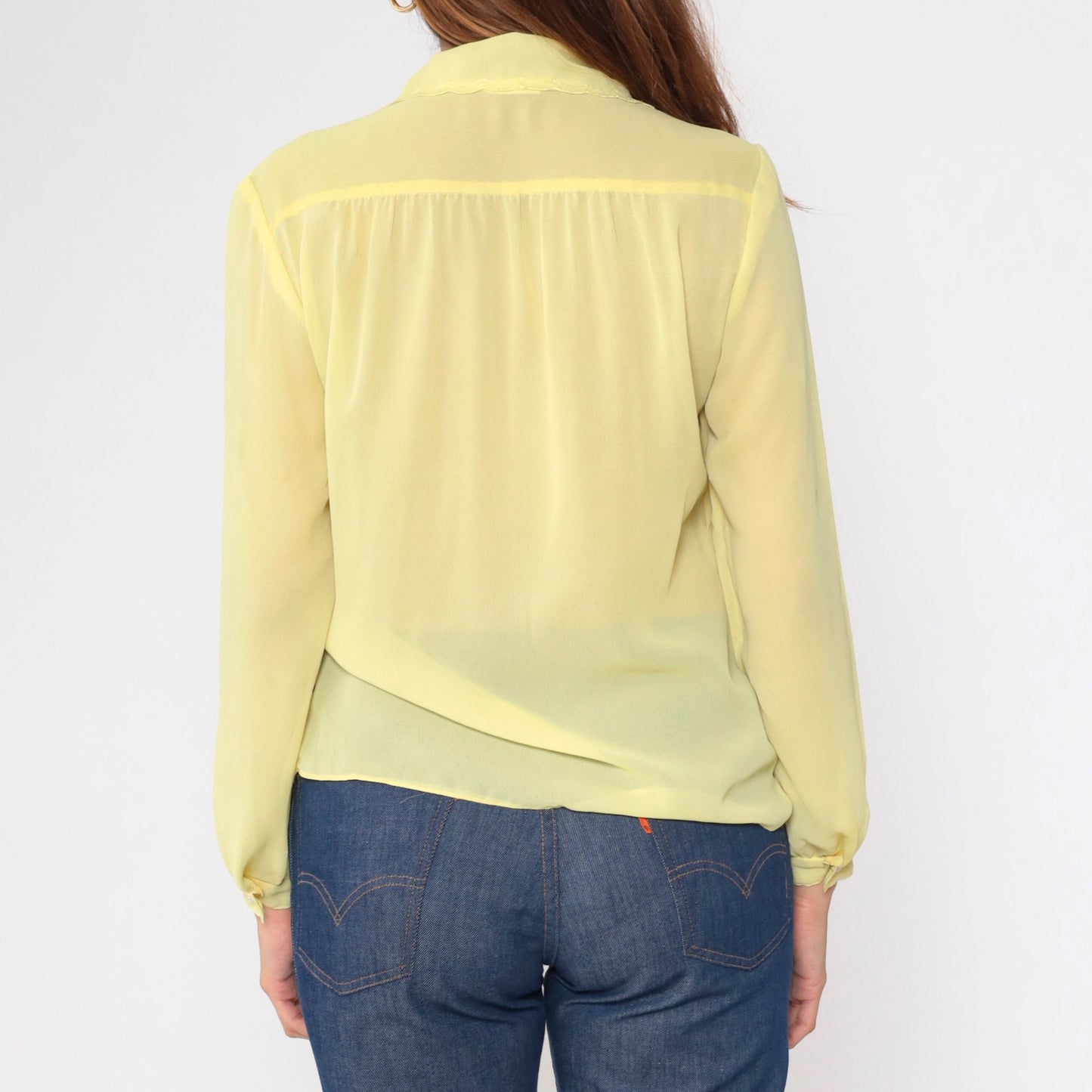 70s Yellow Sheer Blouse Floral Embroidered Collar Button-Up Long Sleeve Medium