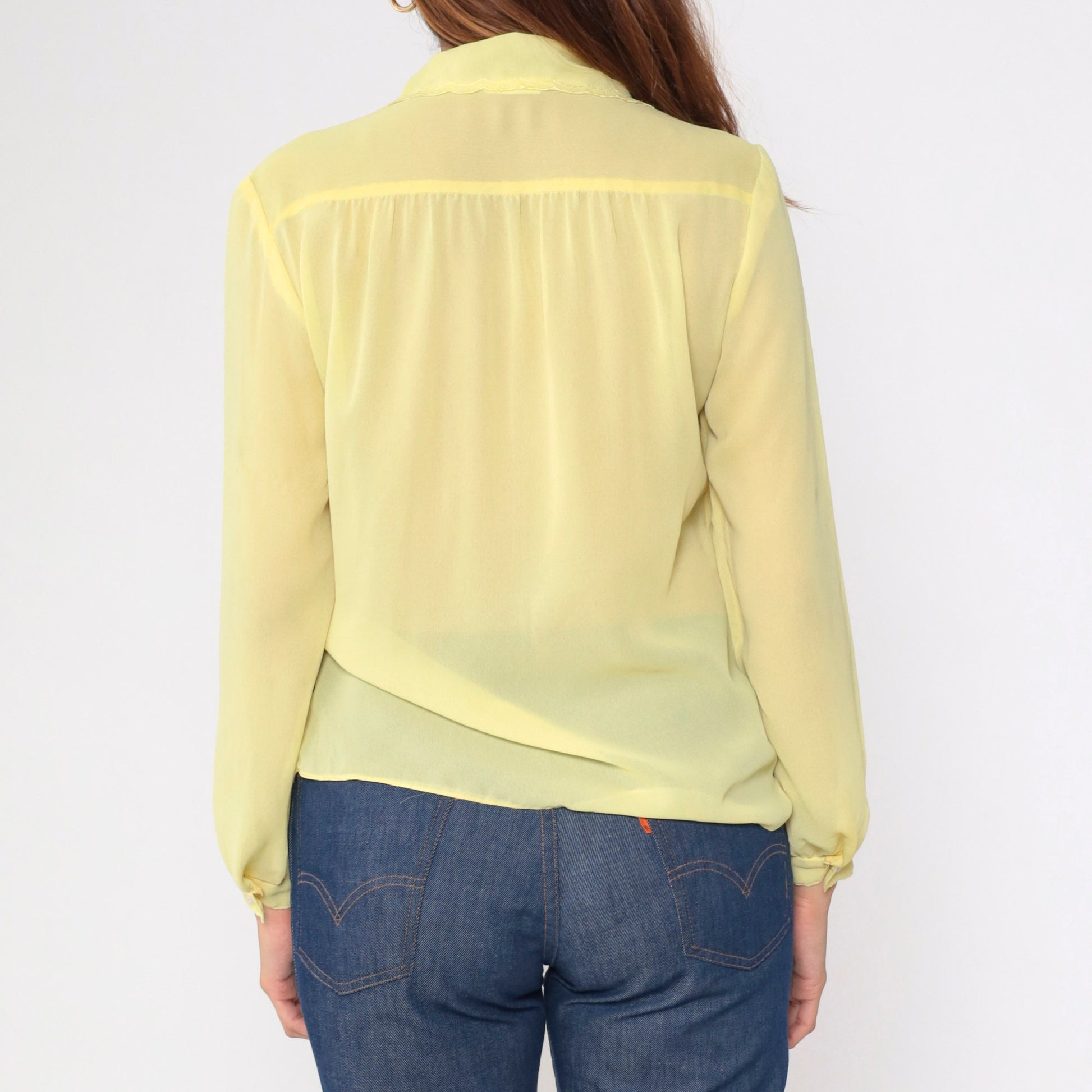 70s Yellow Sheer Blouse Floral Embroidered Collar Button-Up Long Sleeve Medium