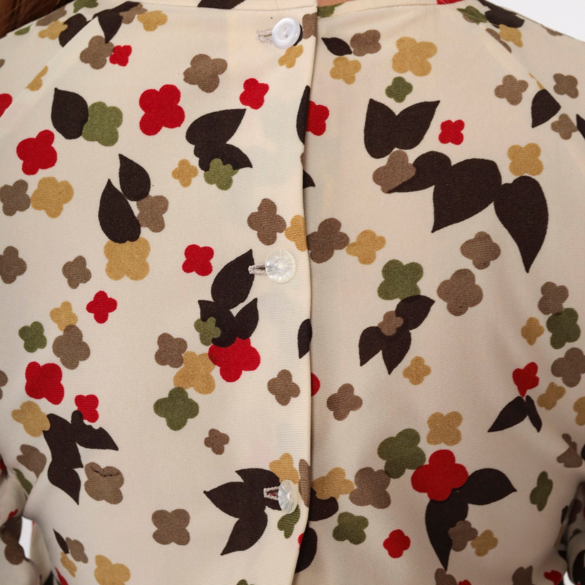 70s Cream Floral Abstract Crop Top Blouse Bow Neckline Raglan Sleeve Extra Small