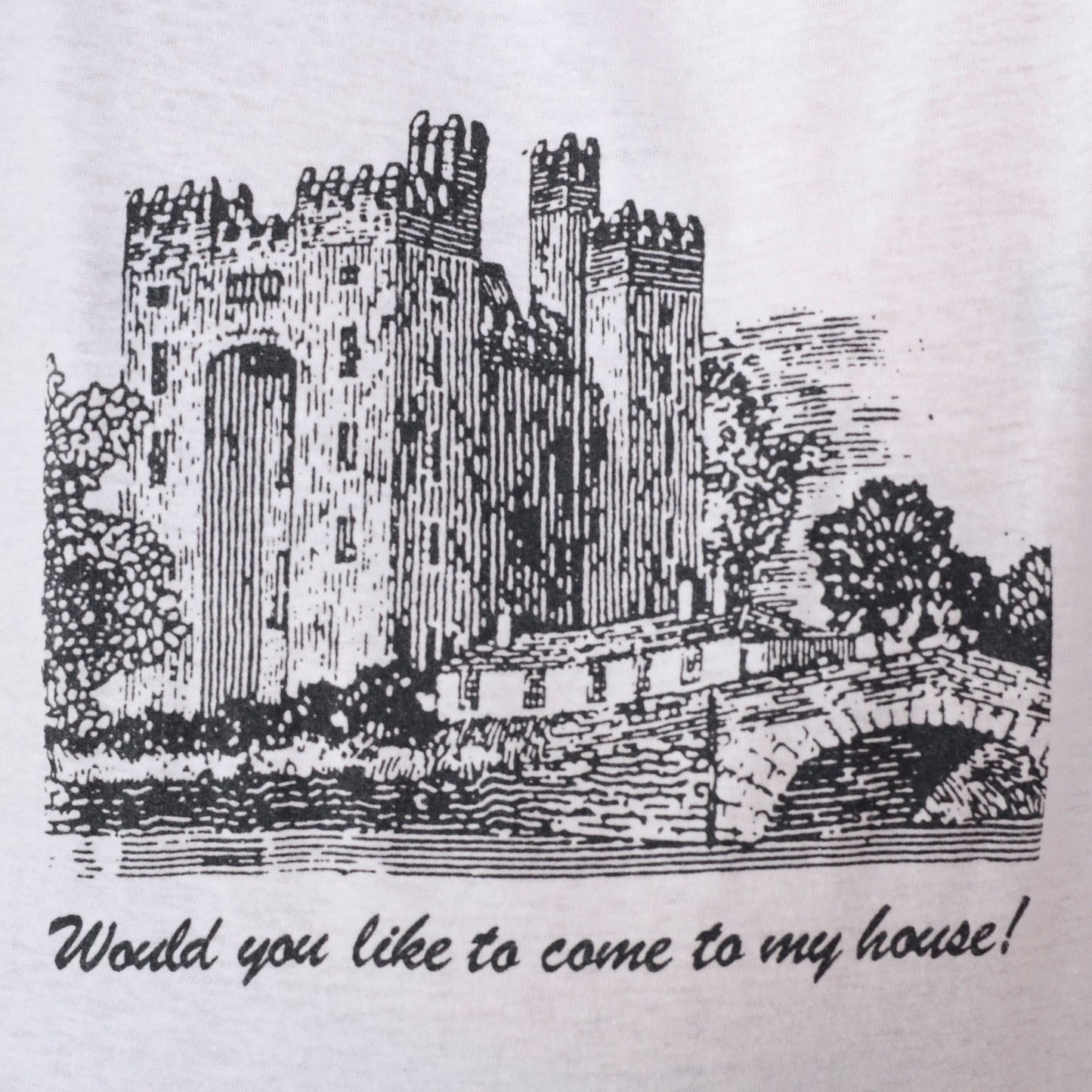 90s Castle Graphic T-Shirt "Would You Like To Come To My House" White Small
