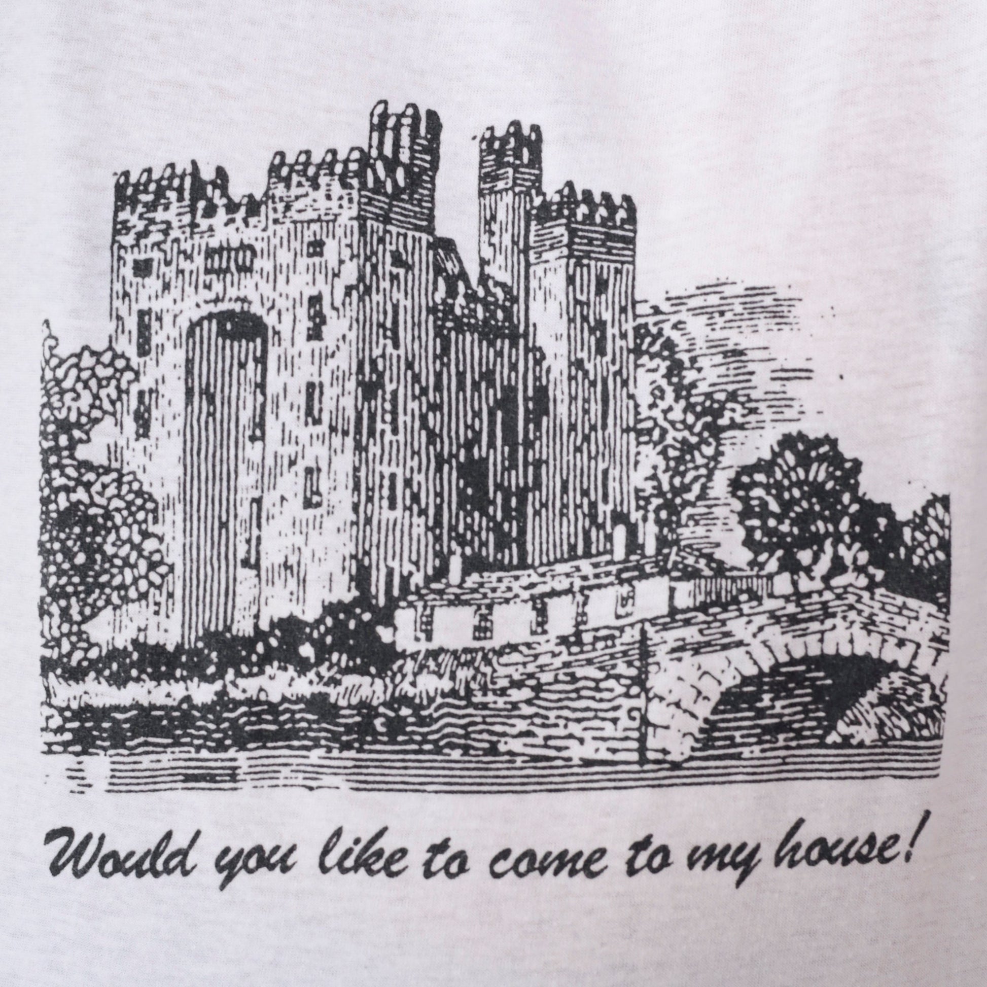 90s Castle Graphic T-Shirt "Would You Like To Come To My House" White Small