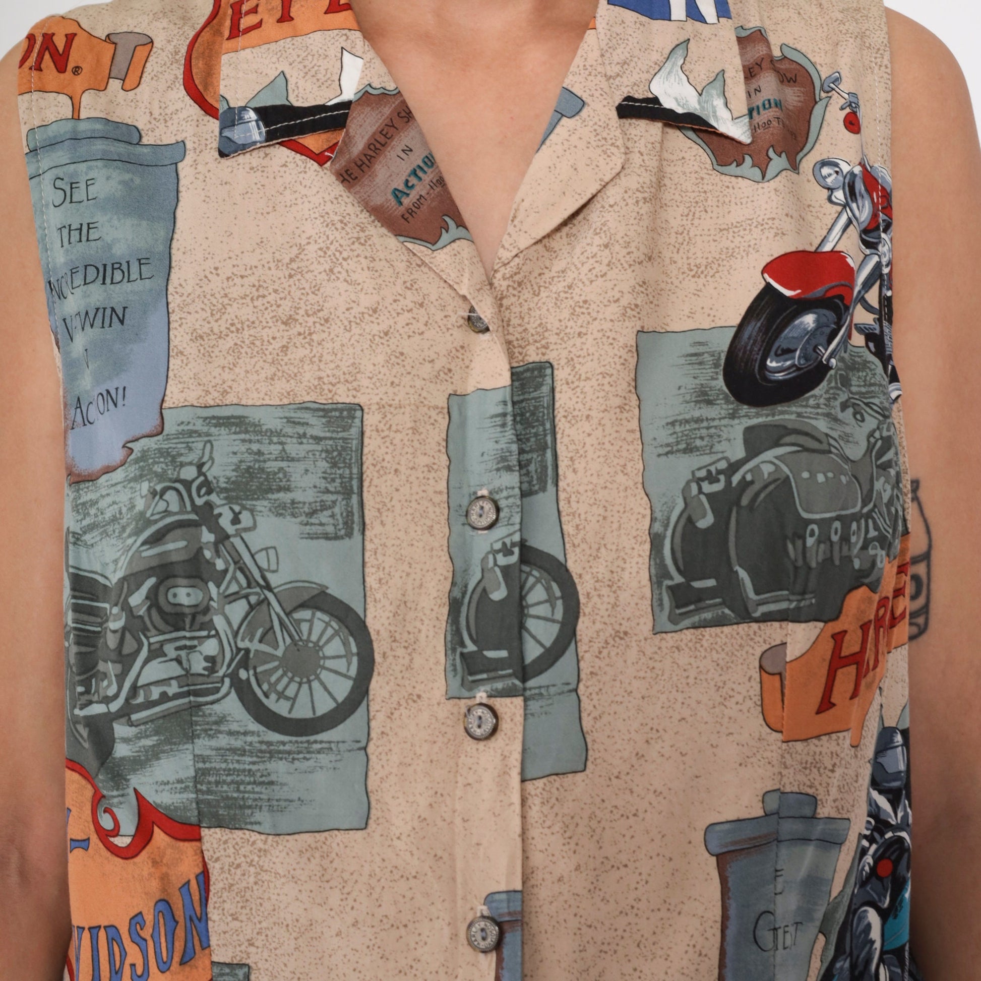90s Harley Davidson Sleeveless Button-Up Shirt Tan Eagle Print Medium
