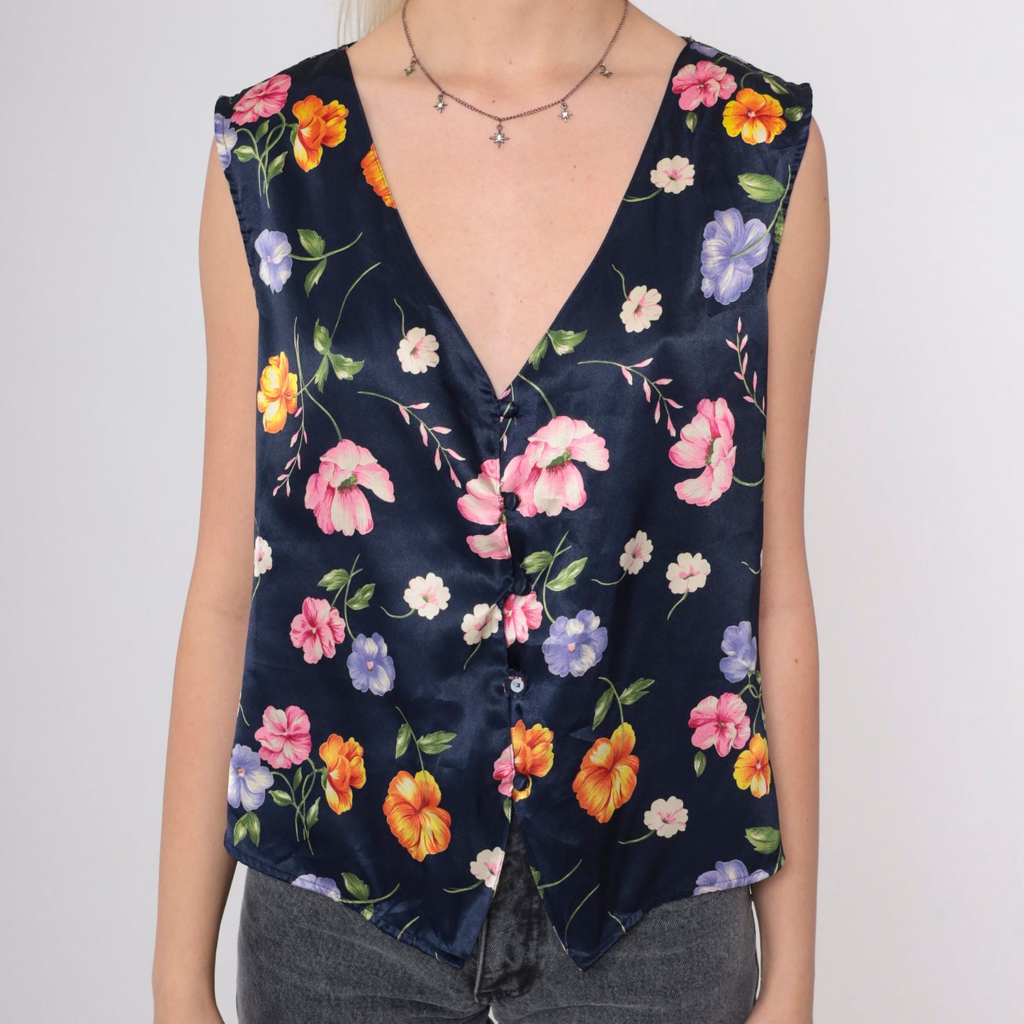 90s Navy Satin Floral Pajama Tank Top V-Neck Button-Up Sleep Shirt Medium