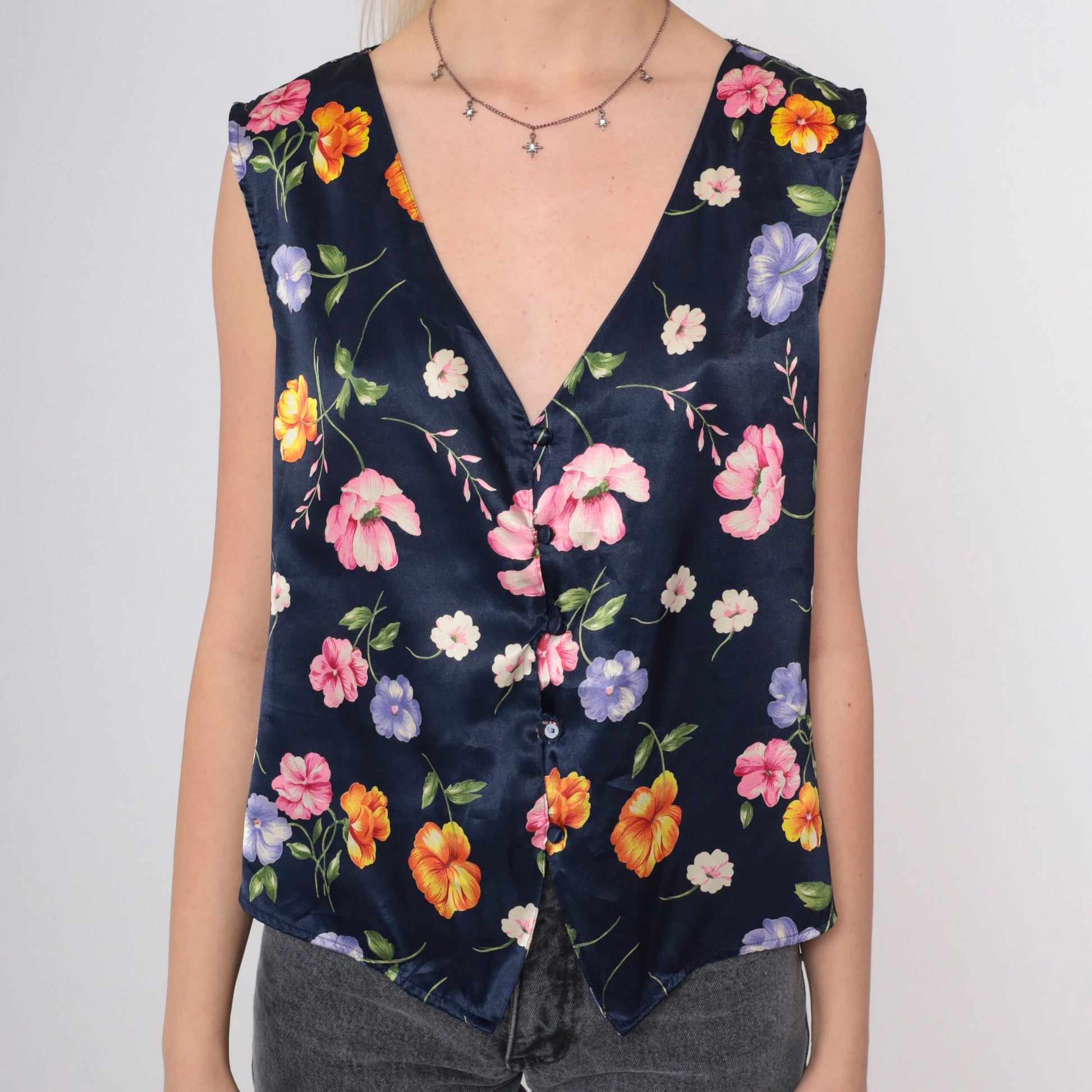 90s Navy Satin Floral Pajama Tank Top V-Neck Button-Up Sleep Shirt Medium
