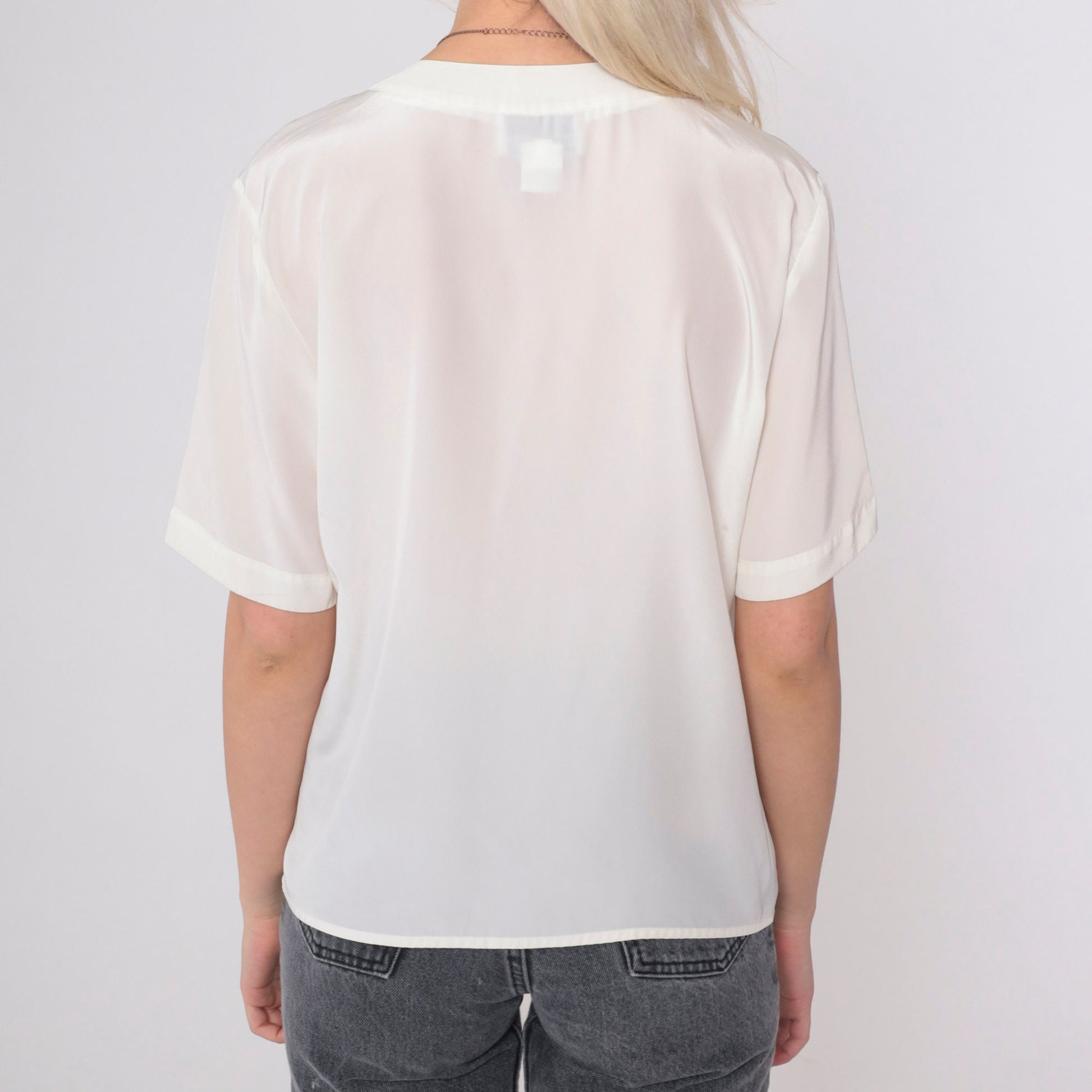 90s Off-White Pleated Button-Up Blouse Short Sleeve Secretary Top Petite 8P
