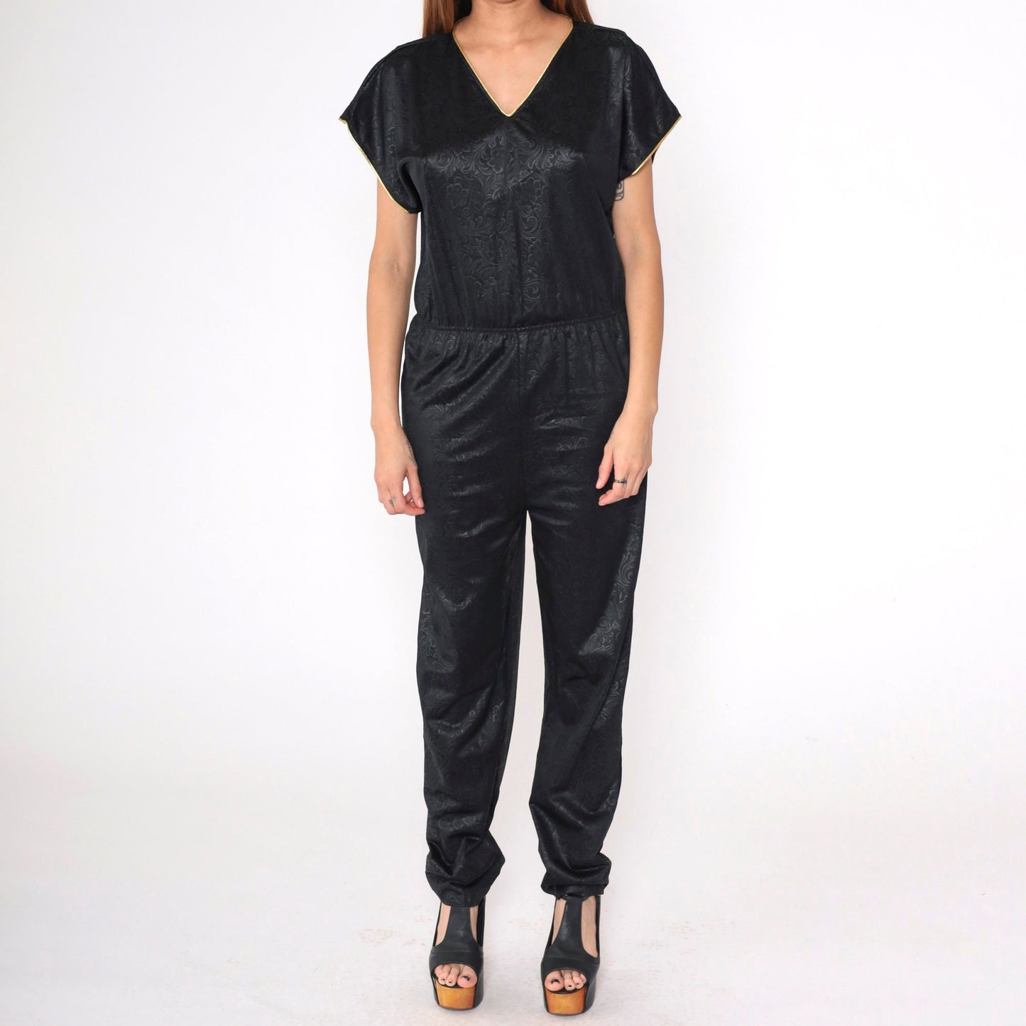 80s Black Floral Jumpsuit Gold Trim V-Neck Tapered High Waisted Small