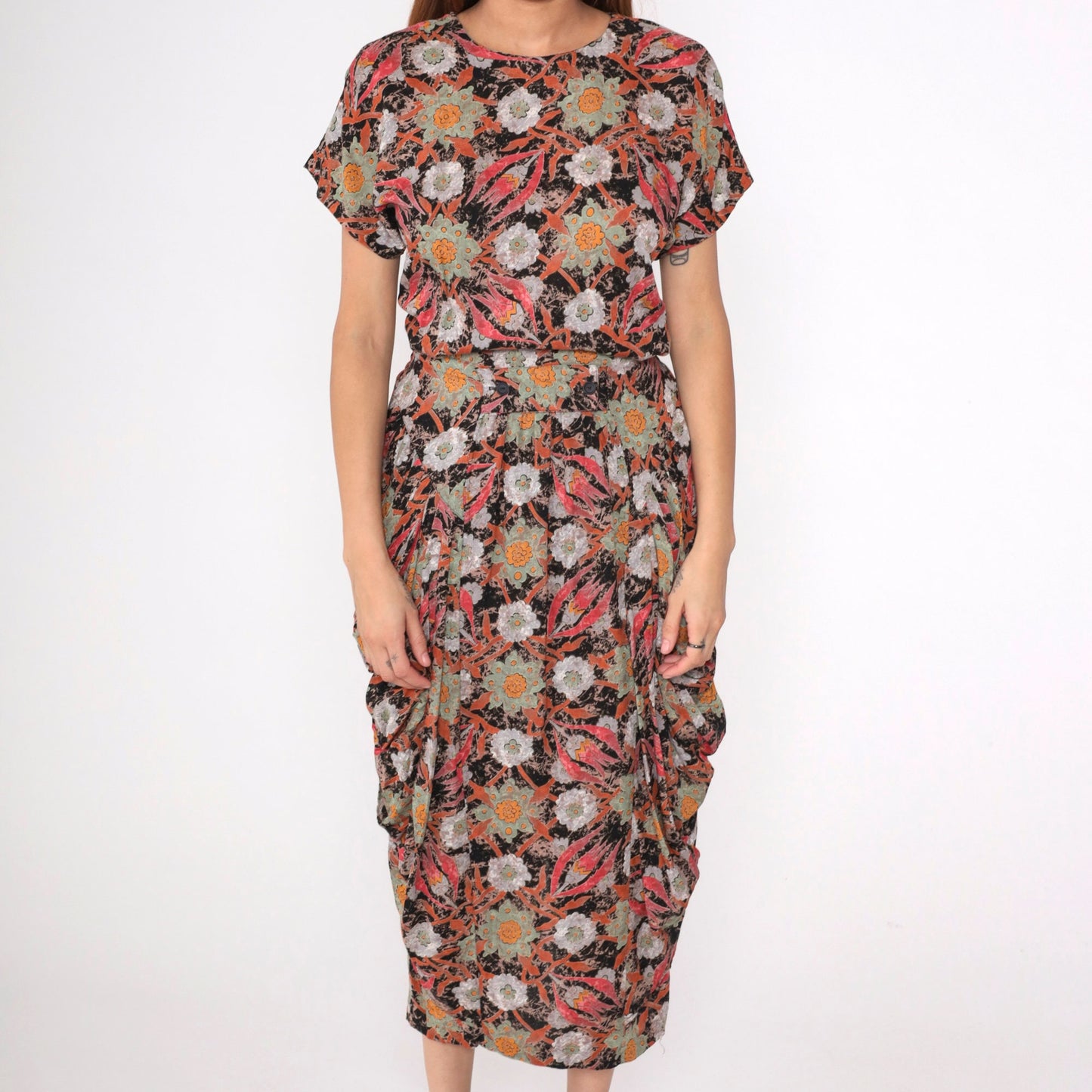 80s Floral Midi Dress Button Back Pencil Skirt Short Sleeve Black Red Orange Medium 8