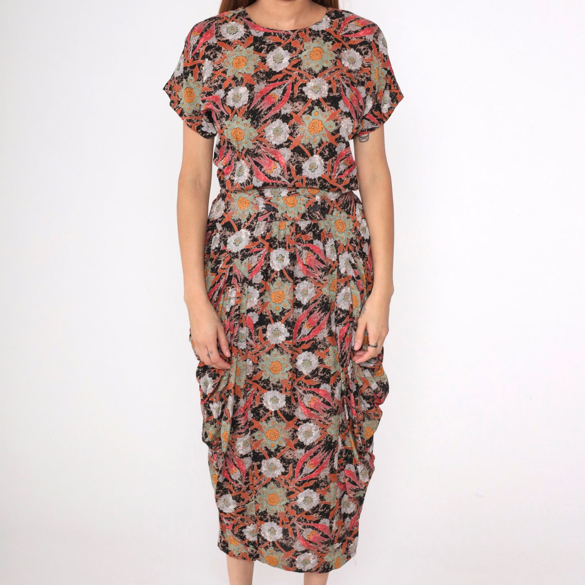 80s Floral Midi Dress Button Back Pencil Skirt Short Sleeve Black Red Orange Medium 8