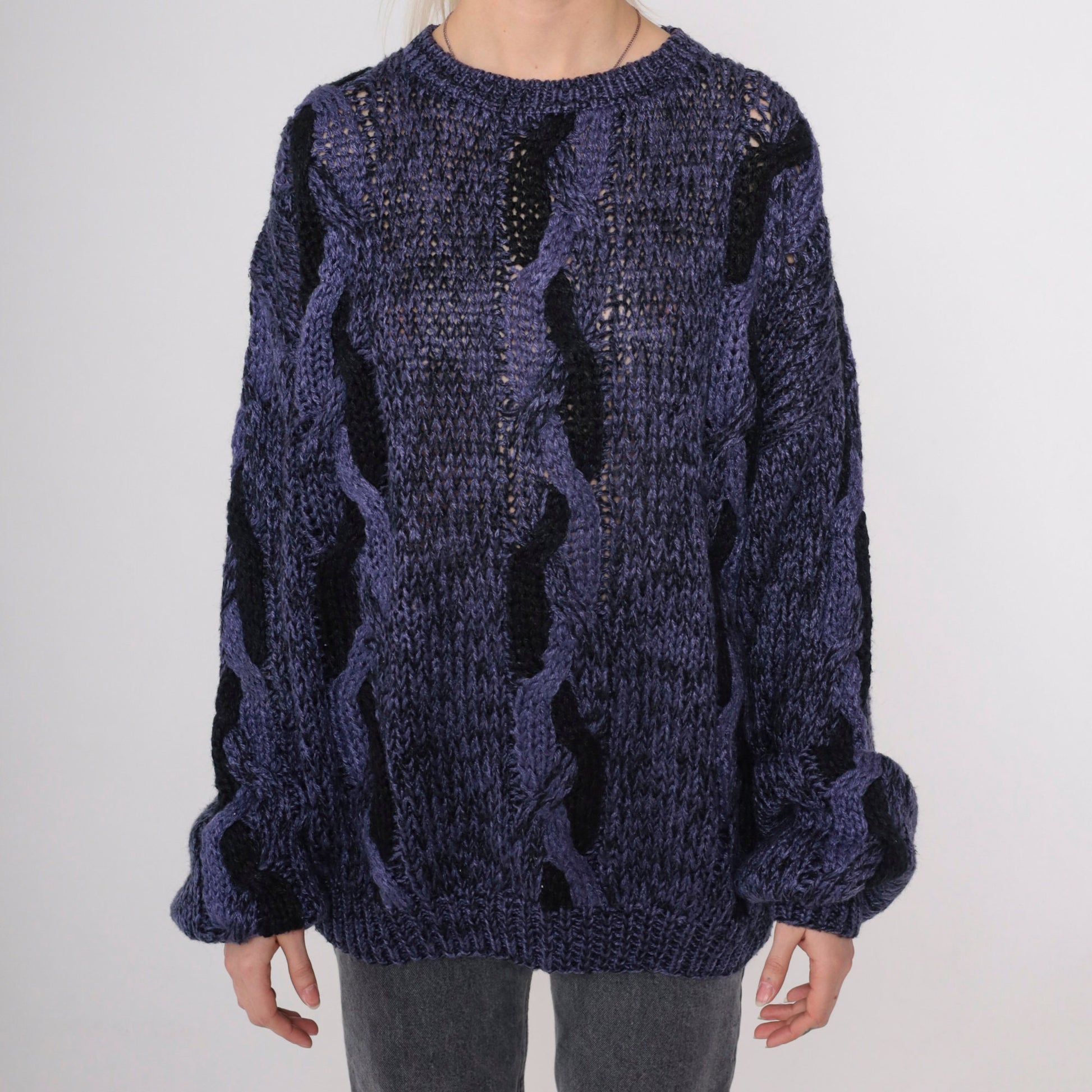 90s Purple Cable Knit Sweater Black Flecked Crewneck Pullover Men's Large L