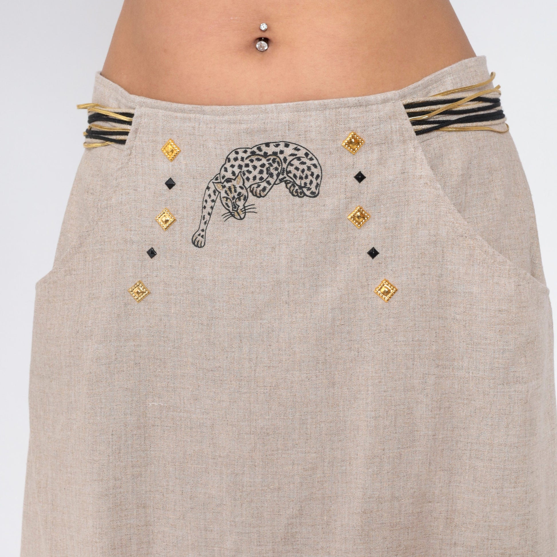 90s Joseph Ribkoff Leopard Print Maxi Skirt Tan Gold Studs Large L