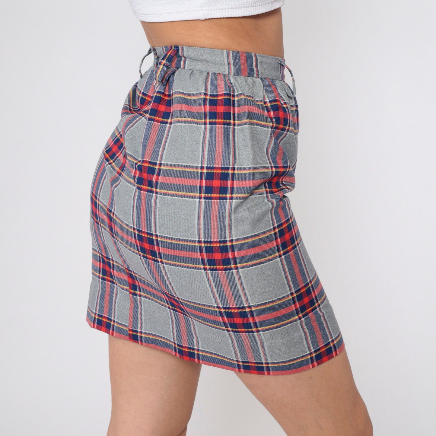 70s Grey Plaid Mini Skirt High Waist Straight Tartan Small