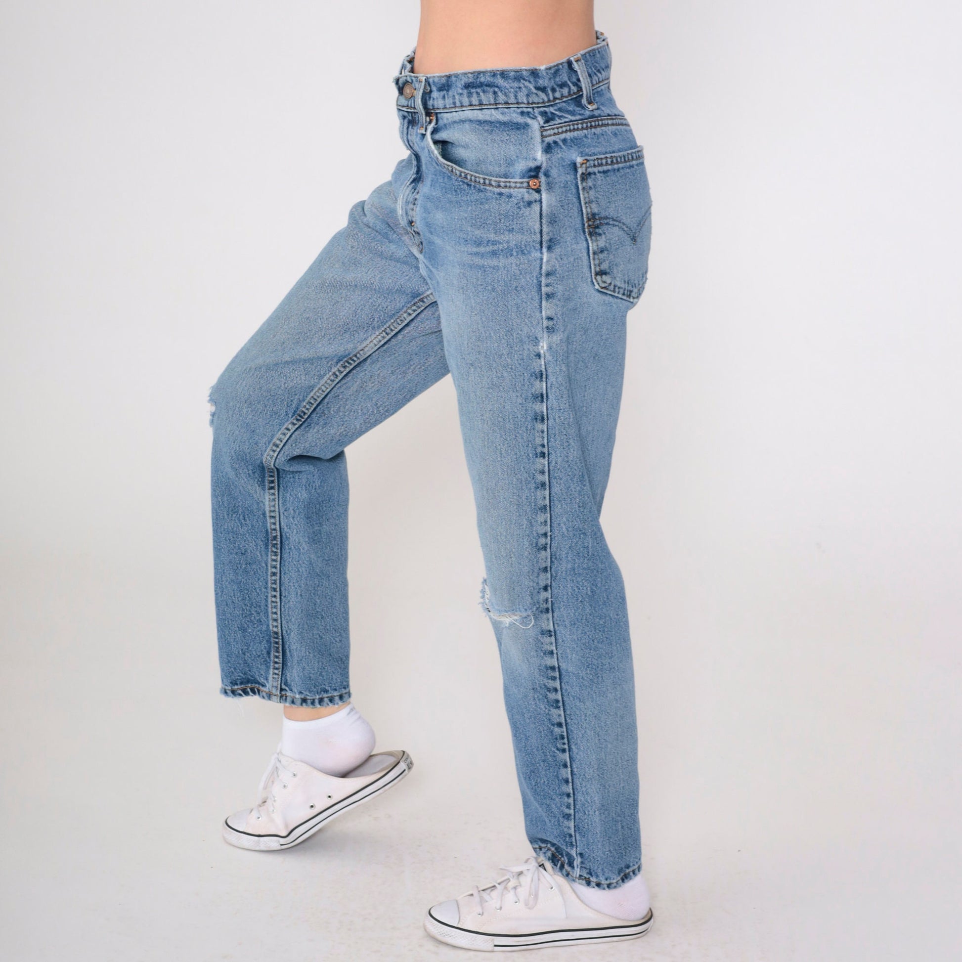 90s Levi's 555 Relaxed Straight Leg Jeans Distressed Blue Denim 31x30