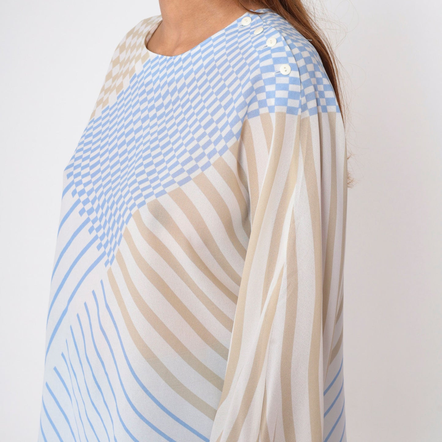 80s Frankenwalder Sheer Checkered Striped Blouse Long Sleeve Button Shoulder Blue White Taupe Extra Large