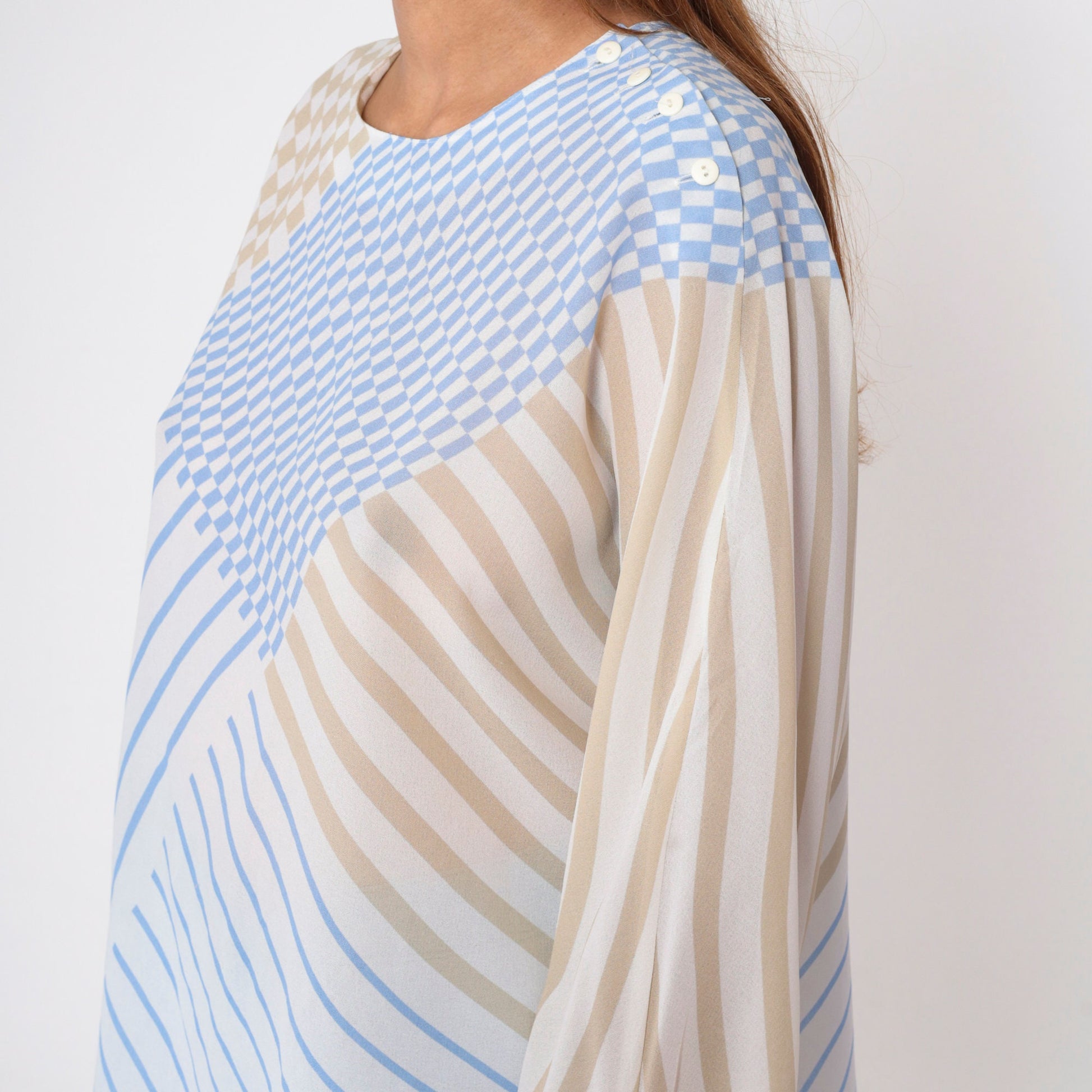80s Frankenwalder Sheer Checkered Striped Blouse Long Sleeve Button Shoulder Blue White Taupe Extra Large