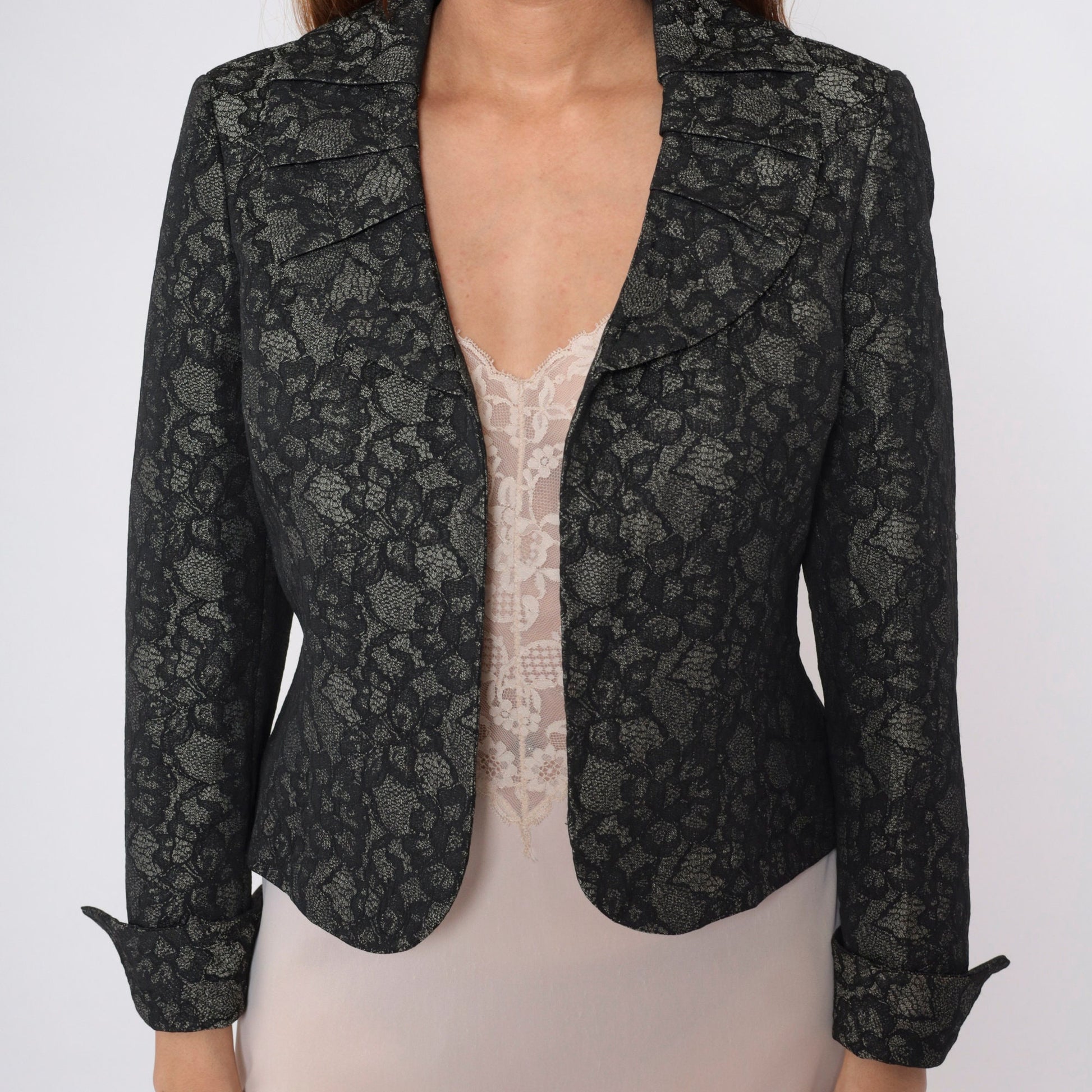 80s Le Suit Floral Lace Cropped Blazer Grey Pleated Collar Medium