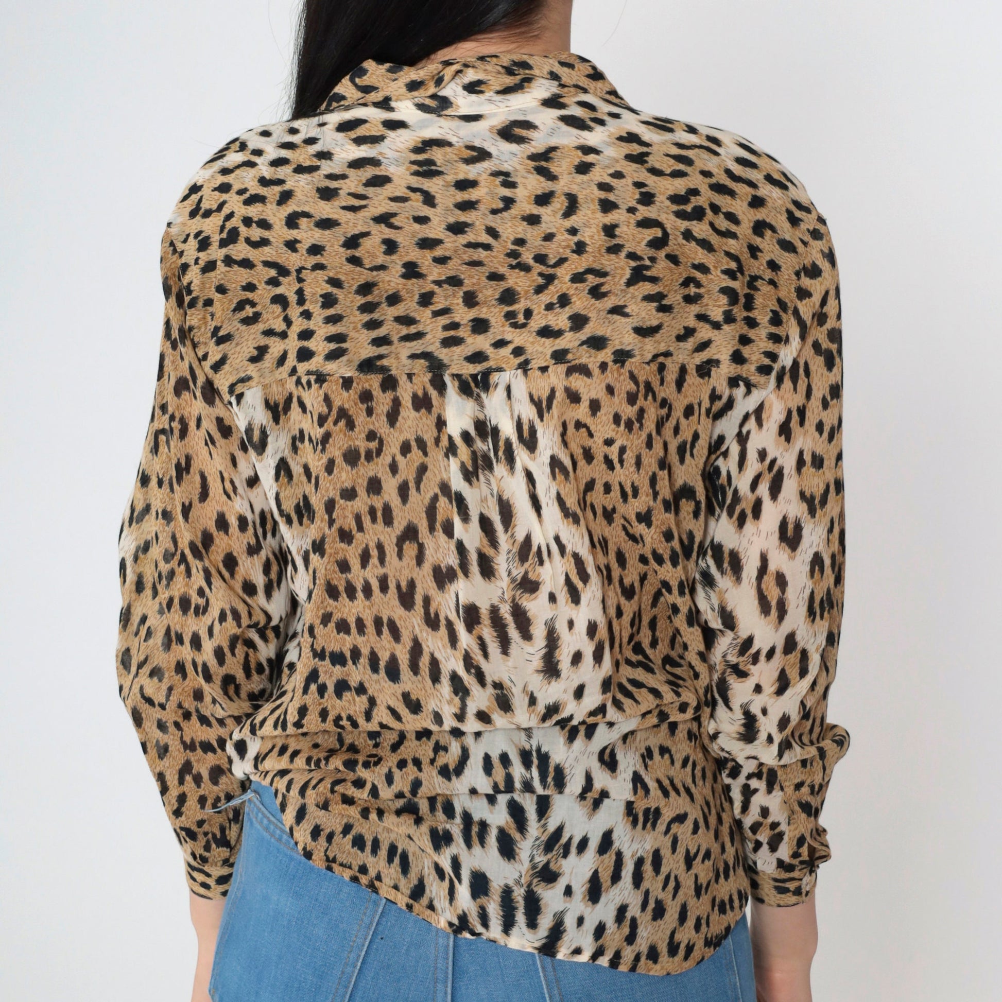 90s Leopard Print Button-Up Blouse Long Sleeve Semi-Sheer Small