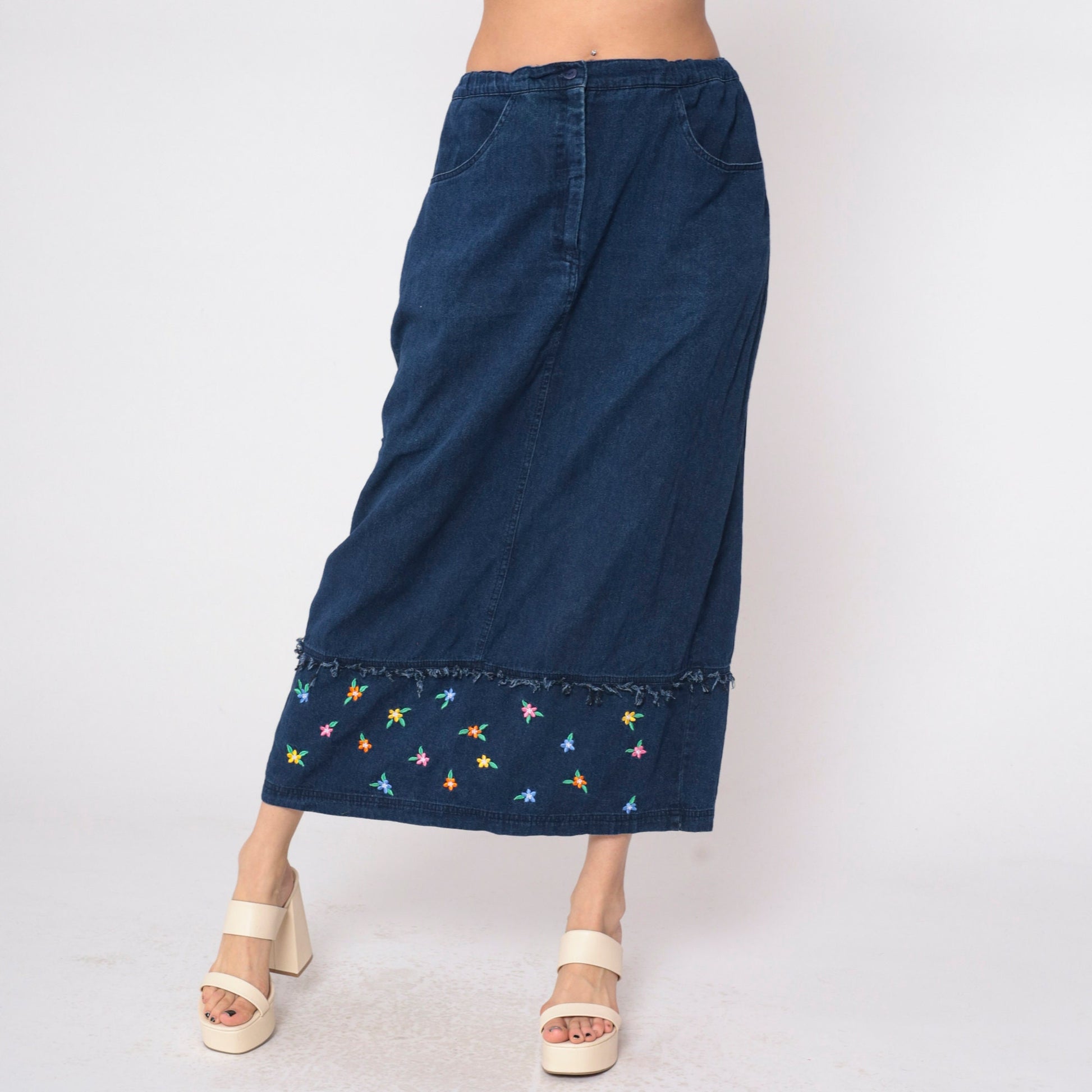 00s Samantha Edwards Denim Maxi Skirt Floral Embroidered Dark Wash Large