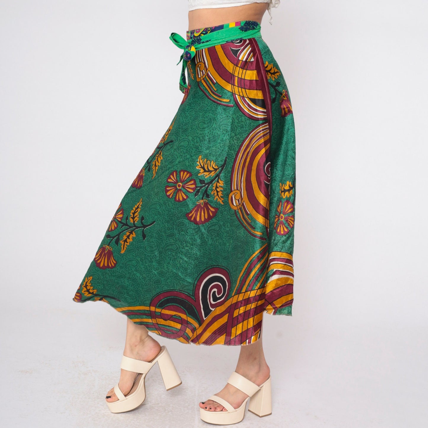Y2K Reversible Wrap Midi Skirt Green Floral Paisley Print 00s Small Medium Large
