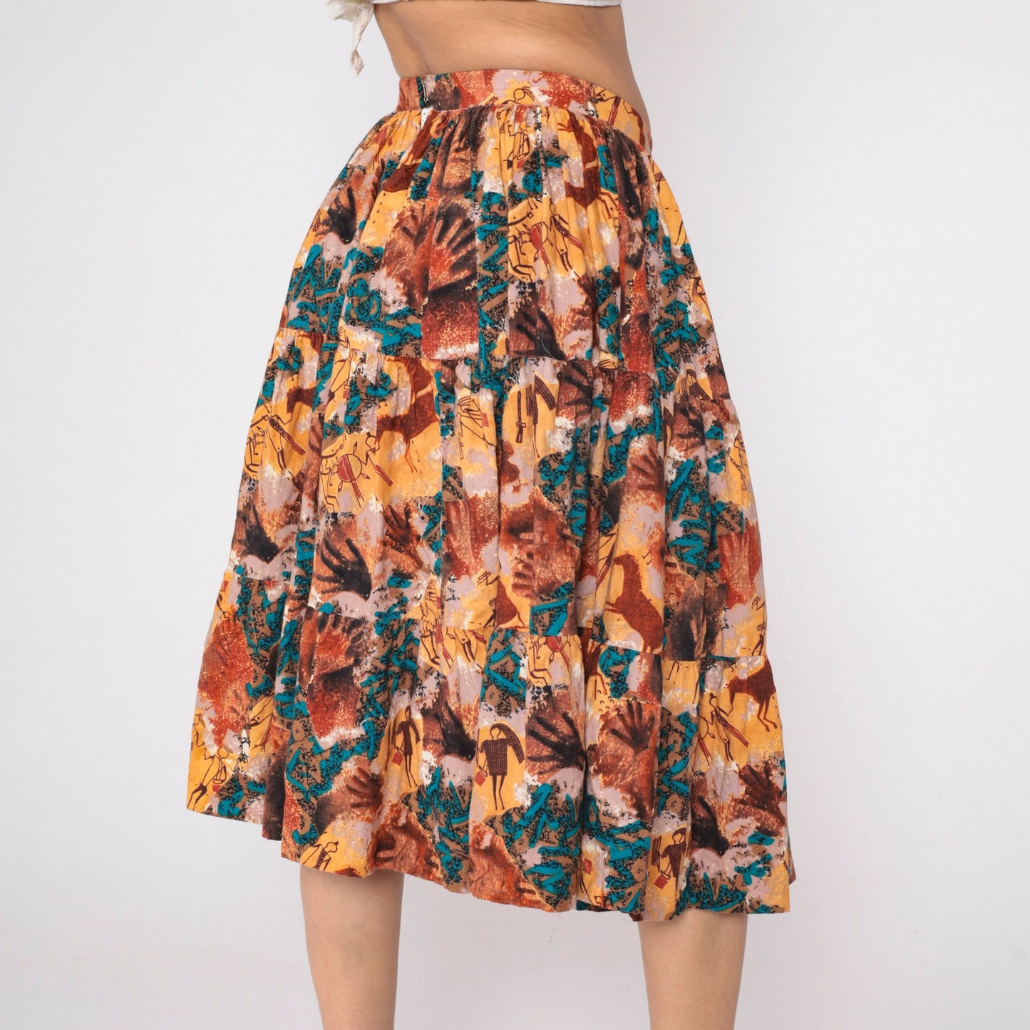 90s Tie Dye Petroglyph Tiered Midi Skirt High Waist Multicolor Cotton Medium M