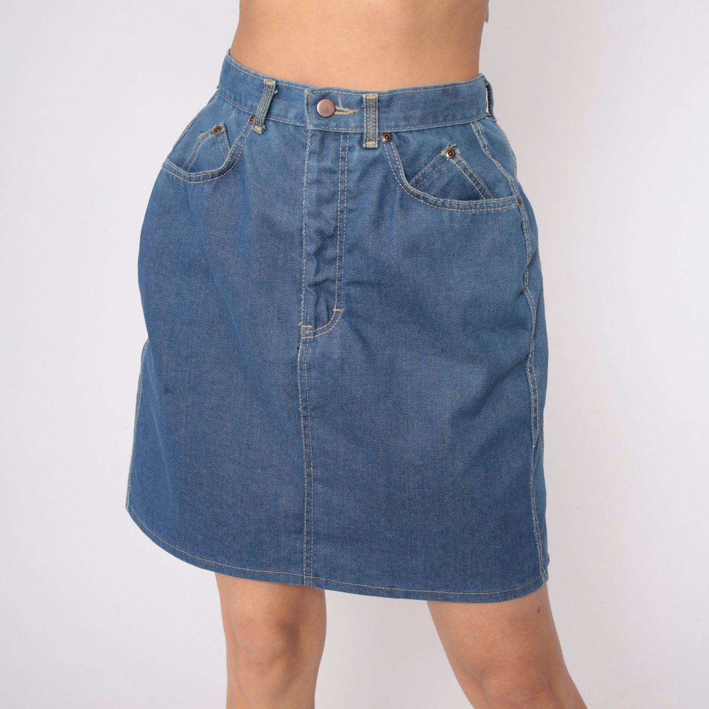 80s Blue Denim Mini Skirt High Waisted Pencil Cut Small S