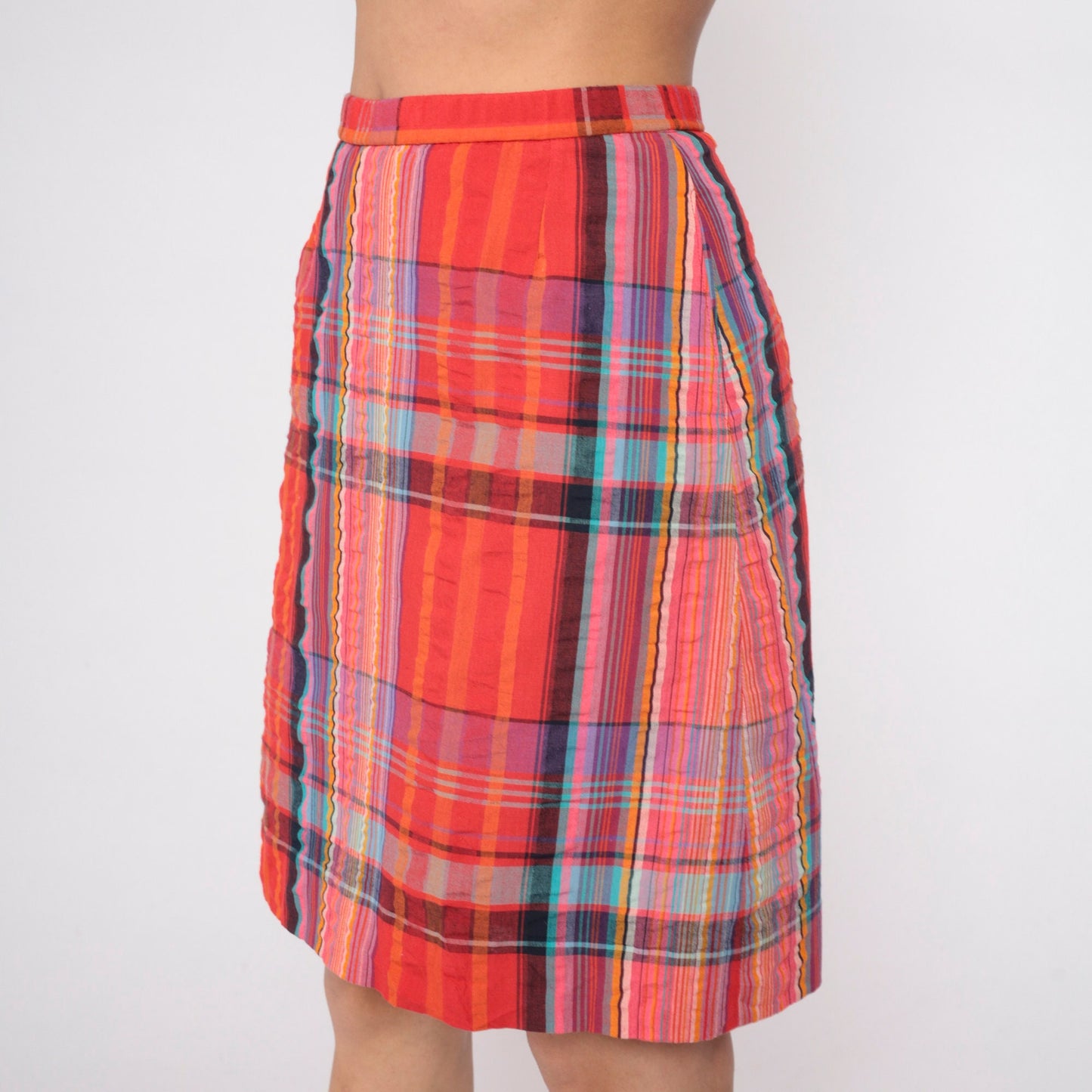 80s Red Plaid Mini Skirt High Waisted Built-In Shorts Slit Medium