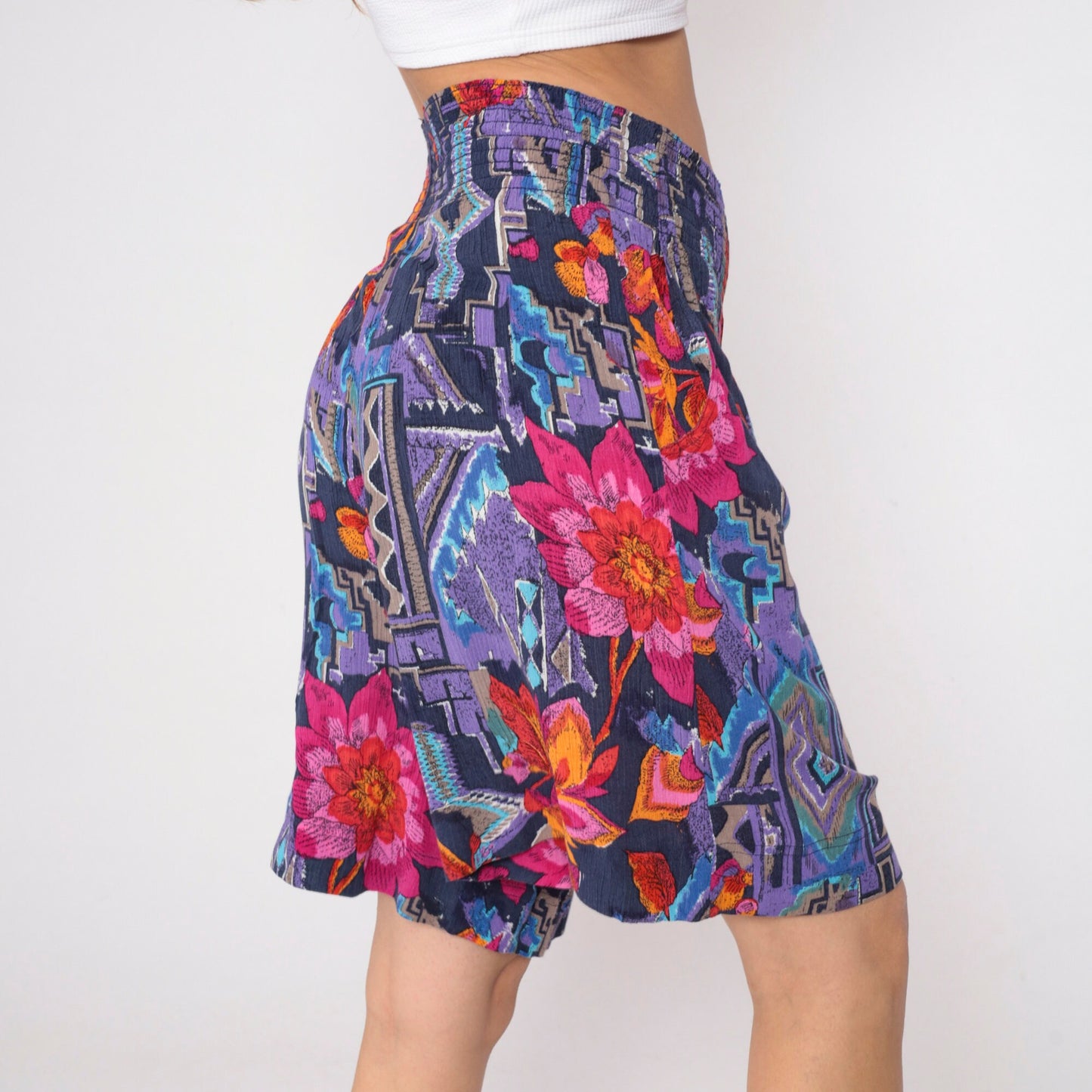 90s Carole Little Abstract Floral Wide Leg Shorts Purple Geometric Print Small