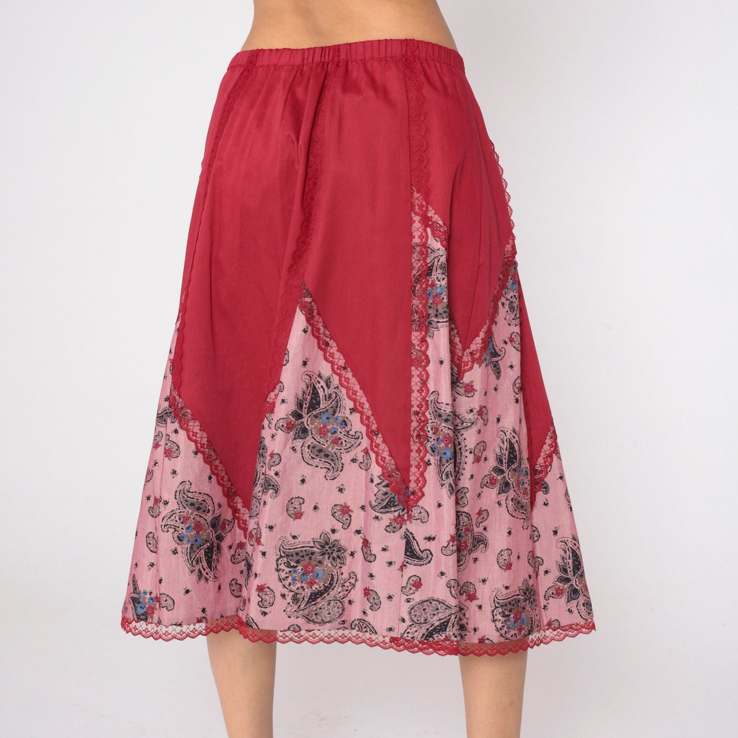 80s Red Paisley Midi Skirt Lace Trim High Waist Elastic Cotton Large