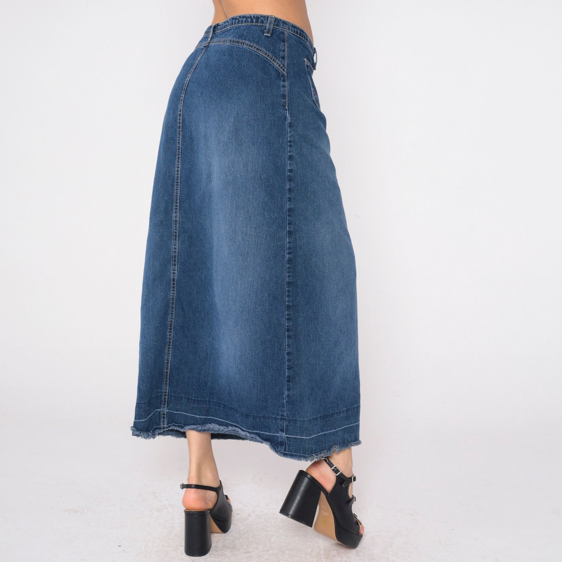 Y2K Roxy Low Rise Denim Maxi Skirt Blue Front Slit Large