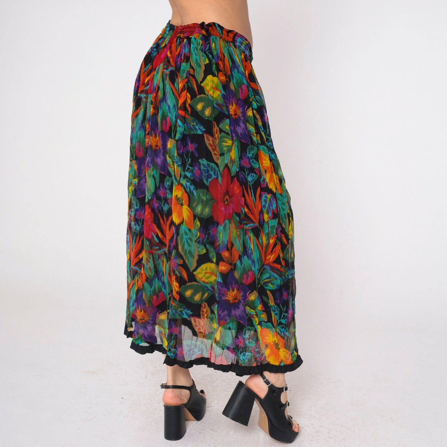 90s Tropical Floral Maxi Skirt Pleated Drawstring Waist Cotton Small Medium Large
