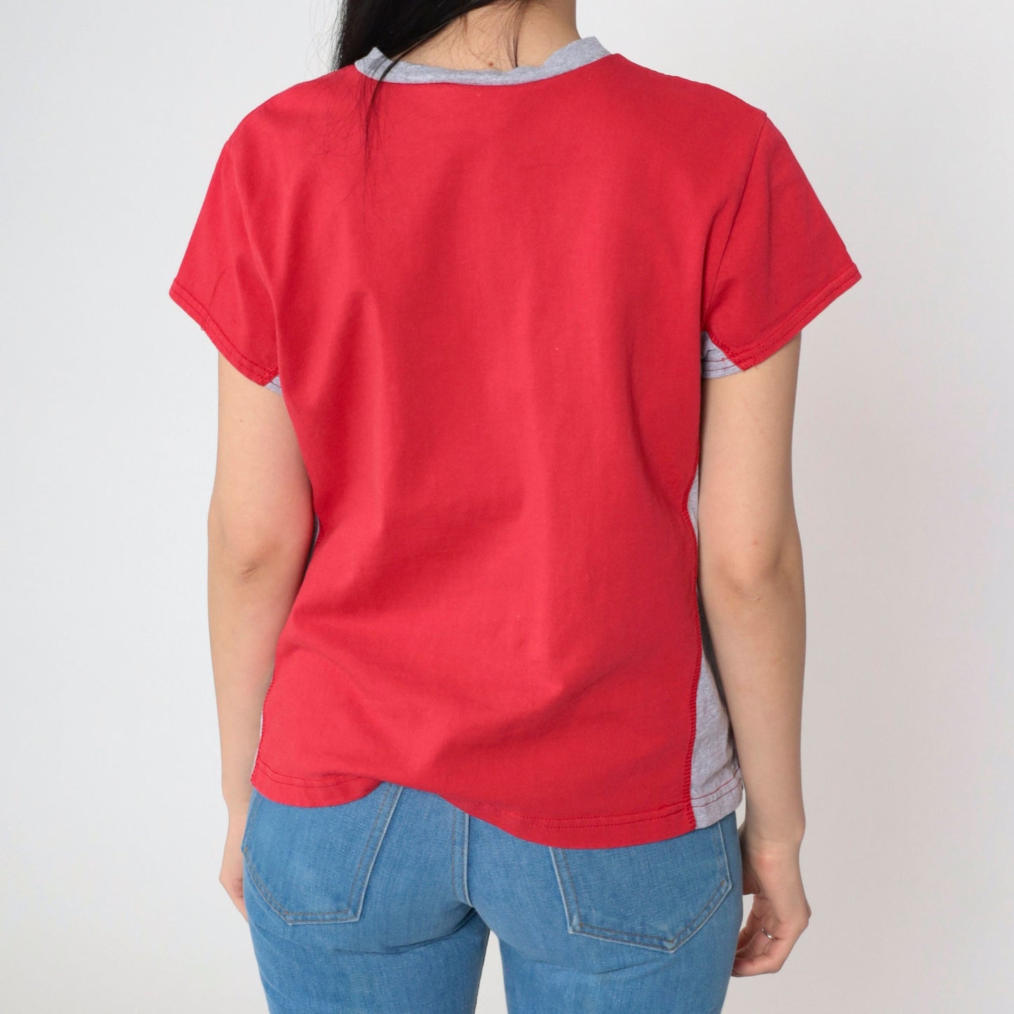 90s Bike Ringer T-Shirt Red Grey Striped V-Neck Cotton Tee Medium